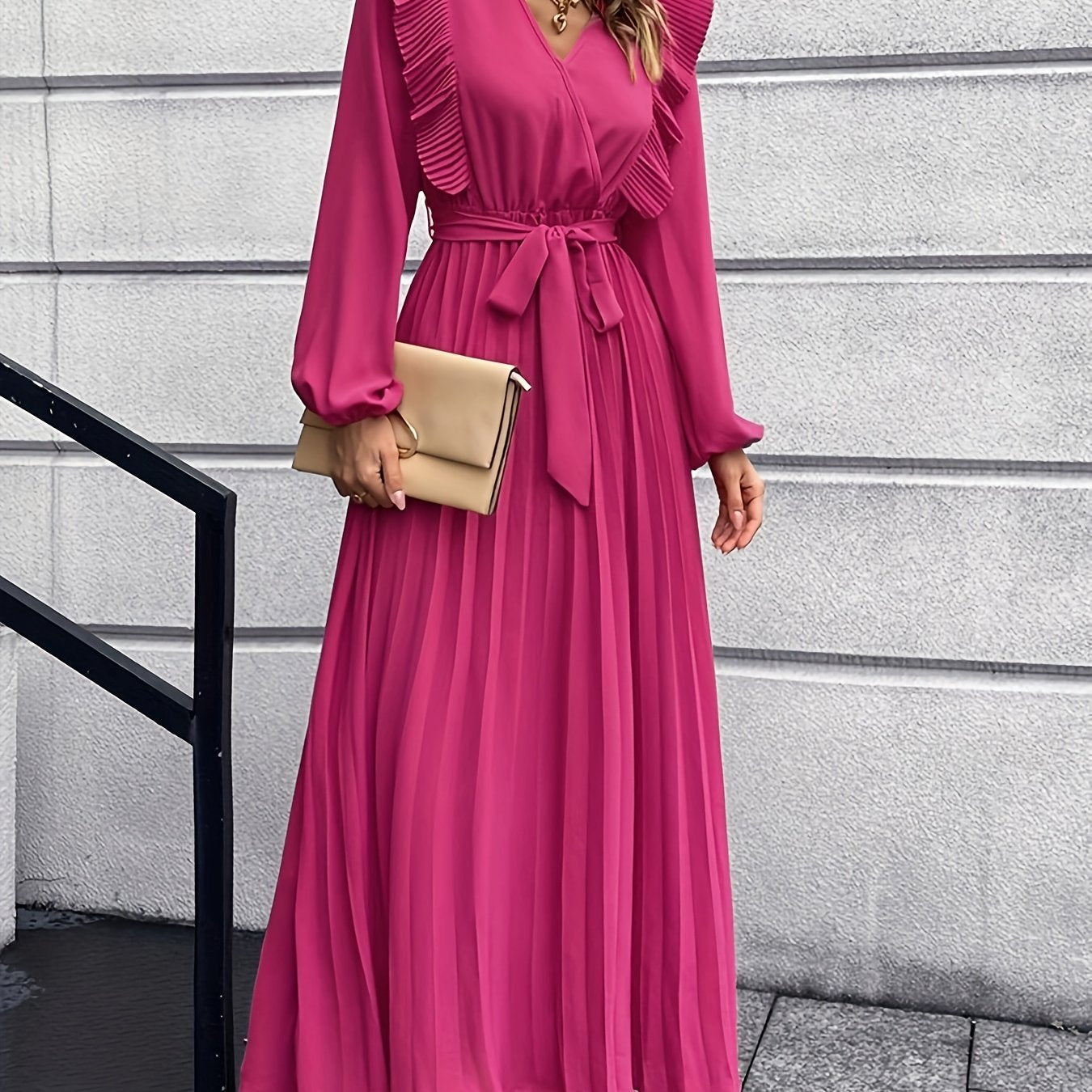 Ruffle Trim Pleated Dress, Casual V Neck Long Sleeve Solid Dress, Women's Clothing