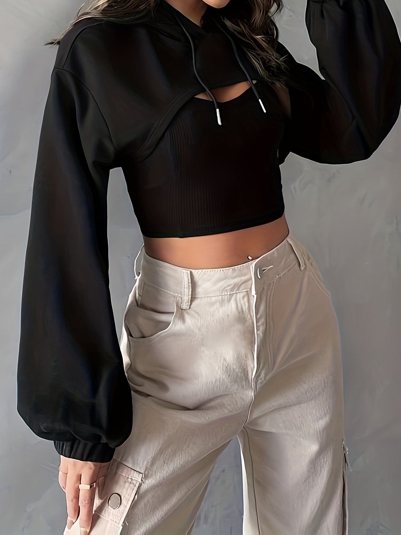 Solid Crop Drawstring Hoodie, Casual Dipped Hem Long Sleeve Fashion Sweatshirt, Women's Clothing