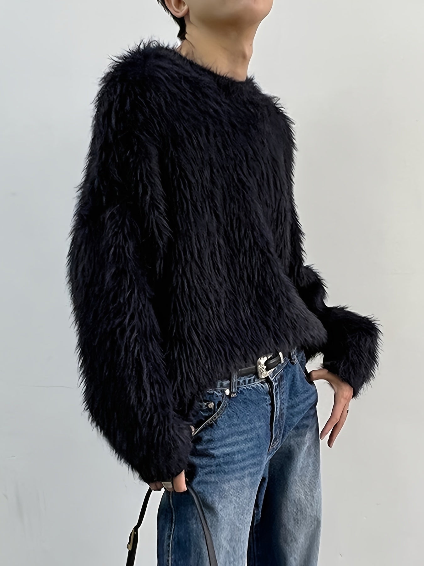 gbolsos Men's Chic Fluffy Faux Fur Long Sleeve Sweater, Street Style Pullover Crew Neck Sweatshirt