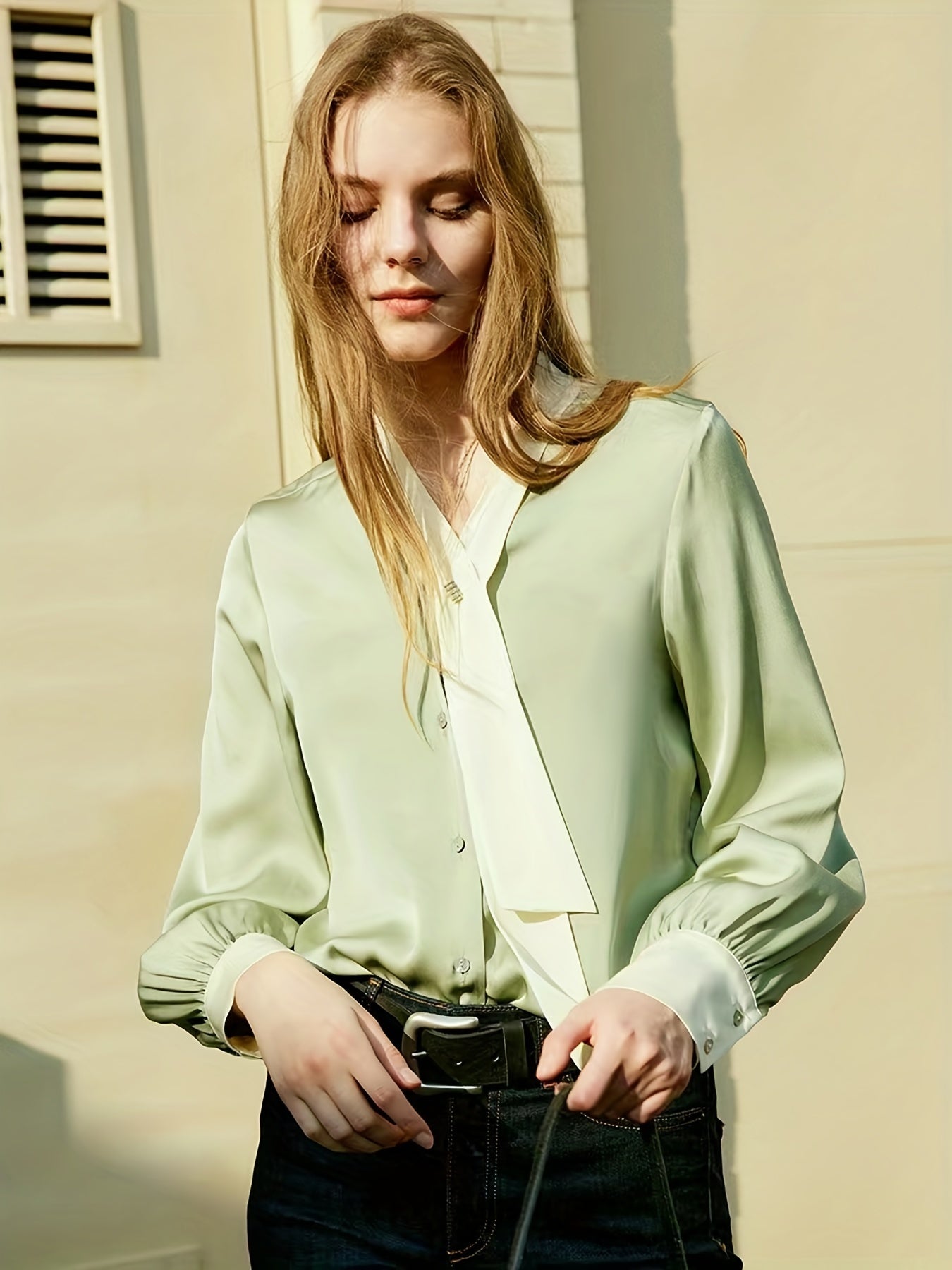 gbolsos Ruched V Neck Blouse, Elegant Long Sleeve Simple Blouse, Women's Clothing