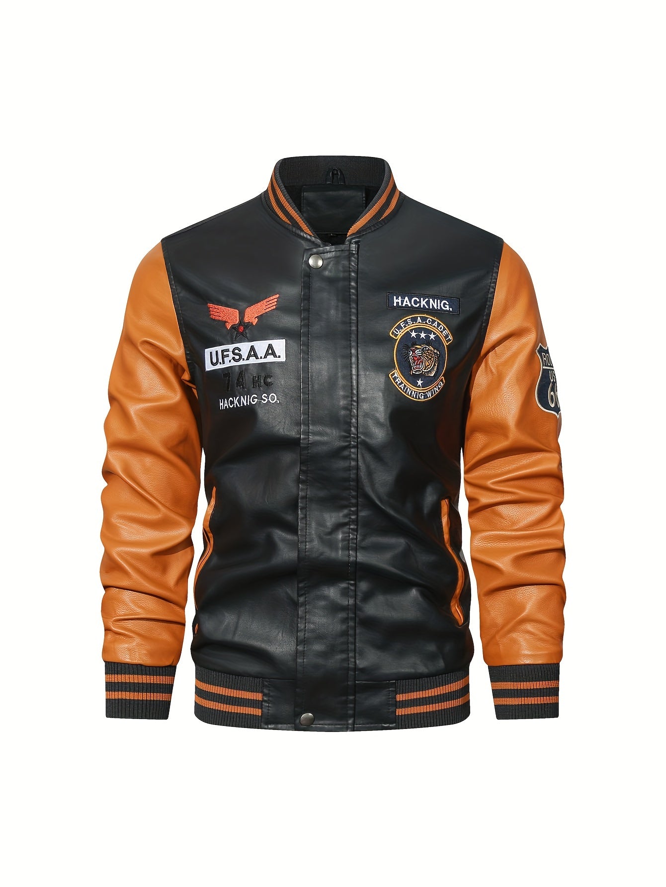 gbolsos Men's Casual Pockets "R" Print Zipper Long Sleeves Baseball Collar PULeather Jacket