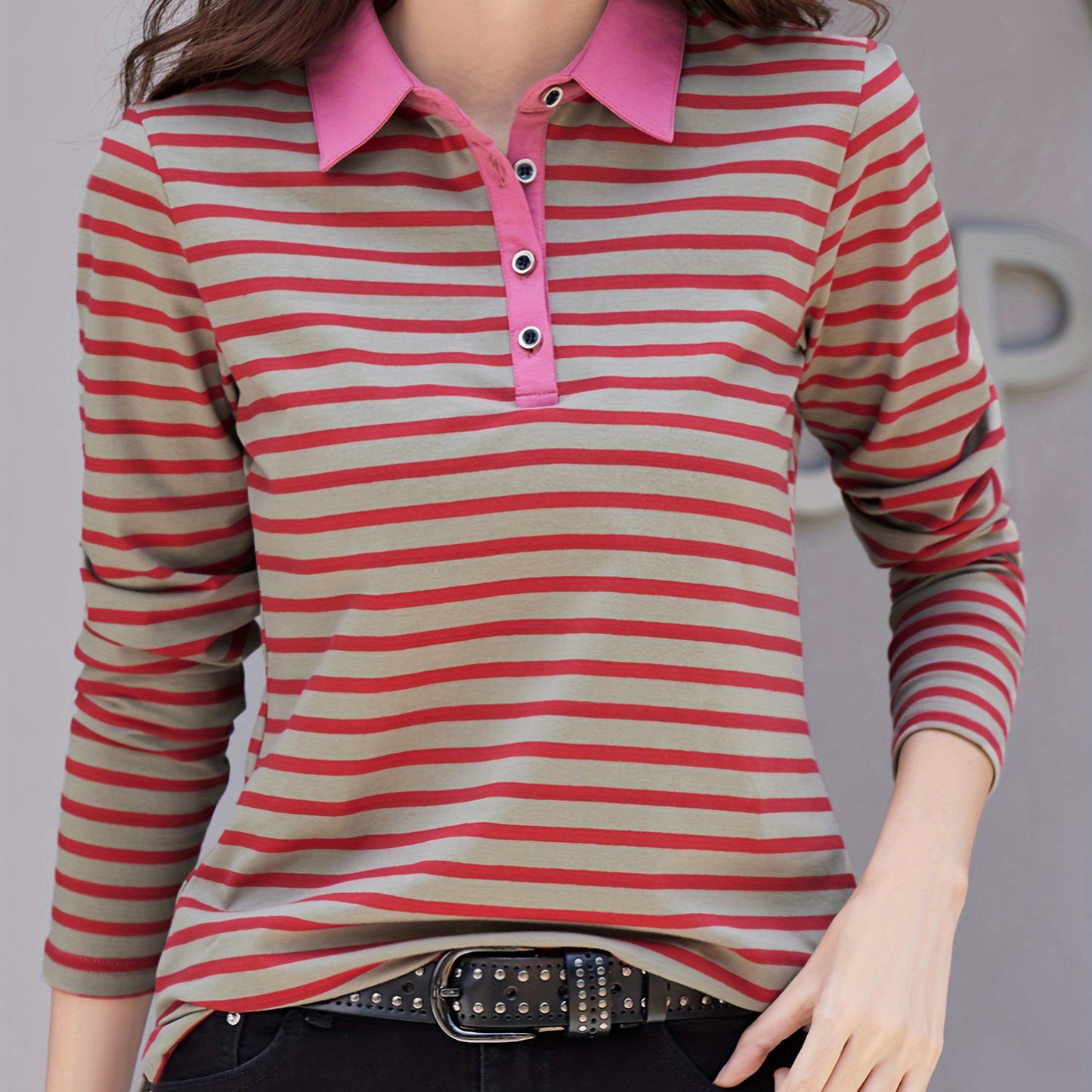 gbolsos Striped Print Button Front T-Shirt, Casual Long Sleeve T-Shirt For Spring & Fall, Women's Clothing