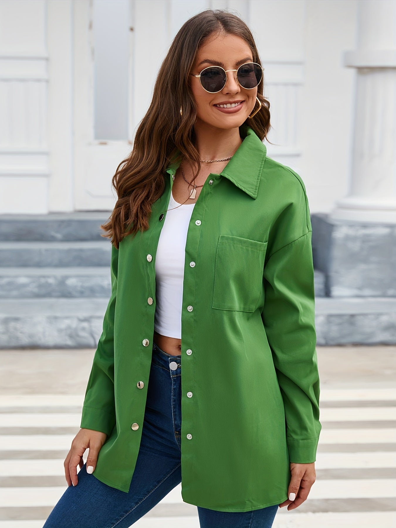 gbolsos Solid Pocket Polo Collar Shirt, Casual Long Sleeve Shirt For Spring & Fall, Women's Clothing
