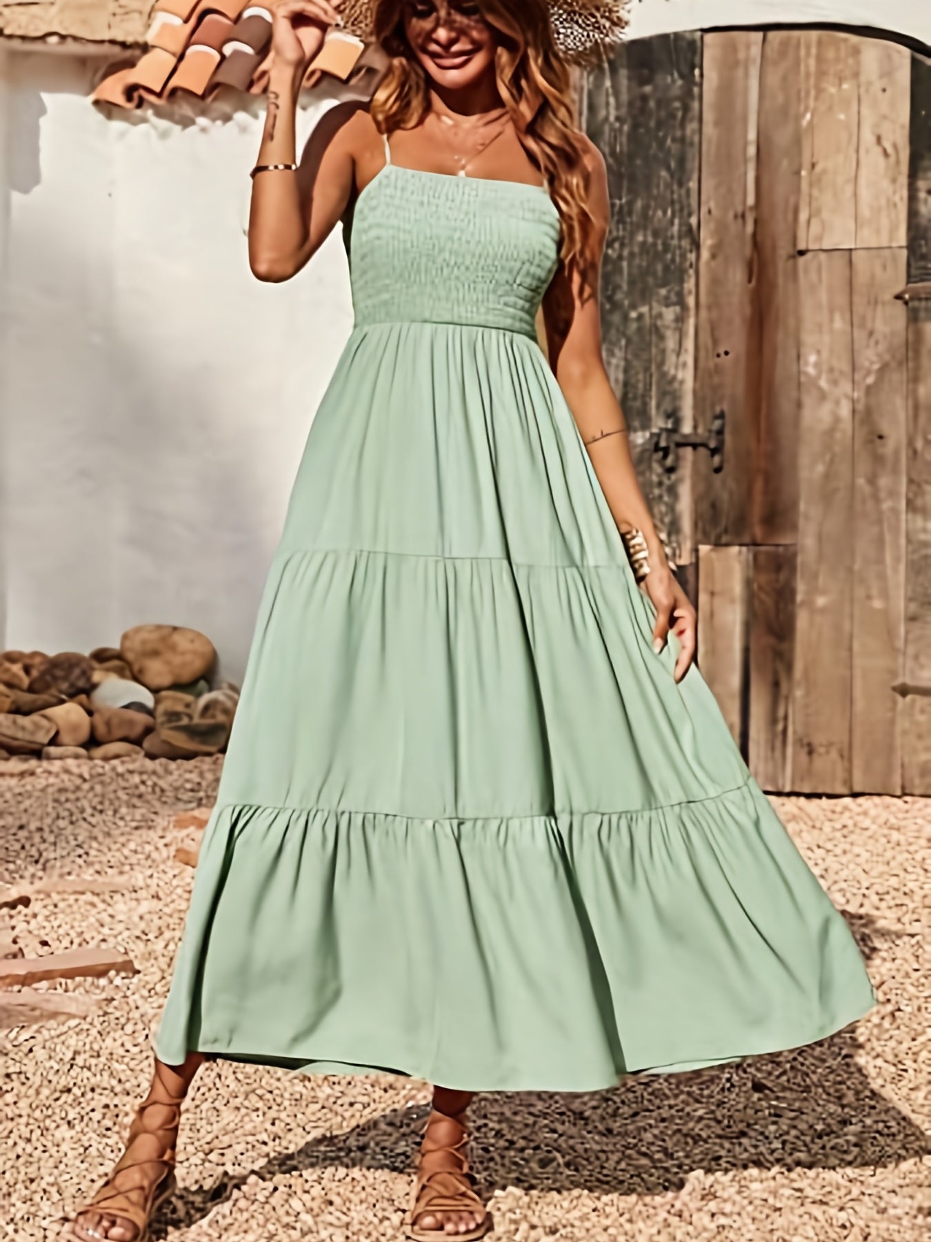 gbolsos Shirred Cami Dress, Vacation Spaghetti Sleeveless High Waist Ruched Dress, Women's Clothing