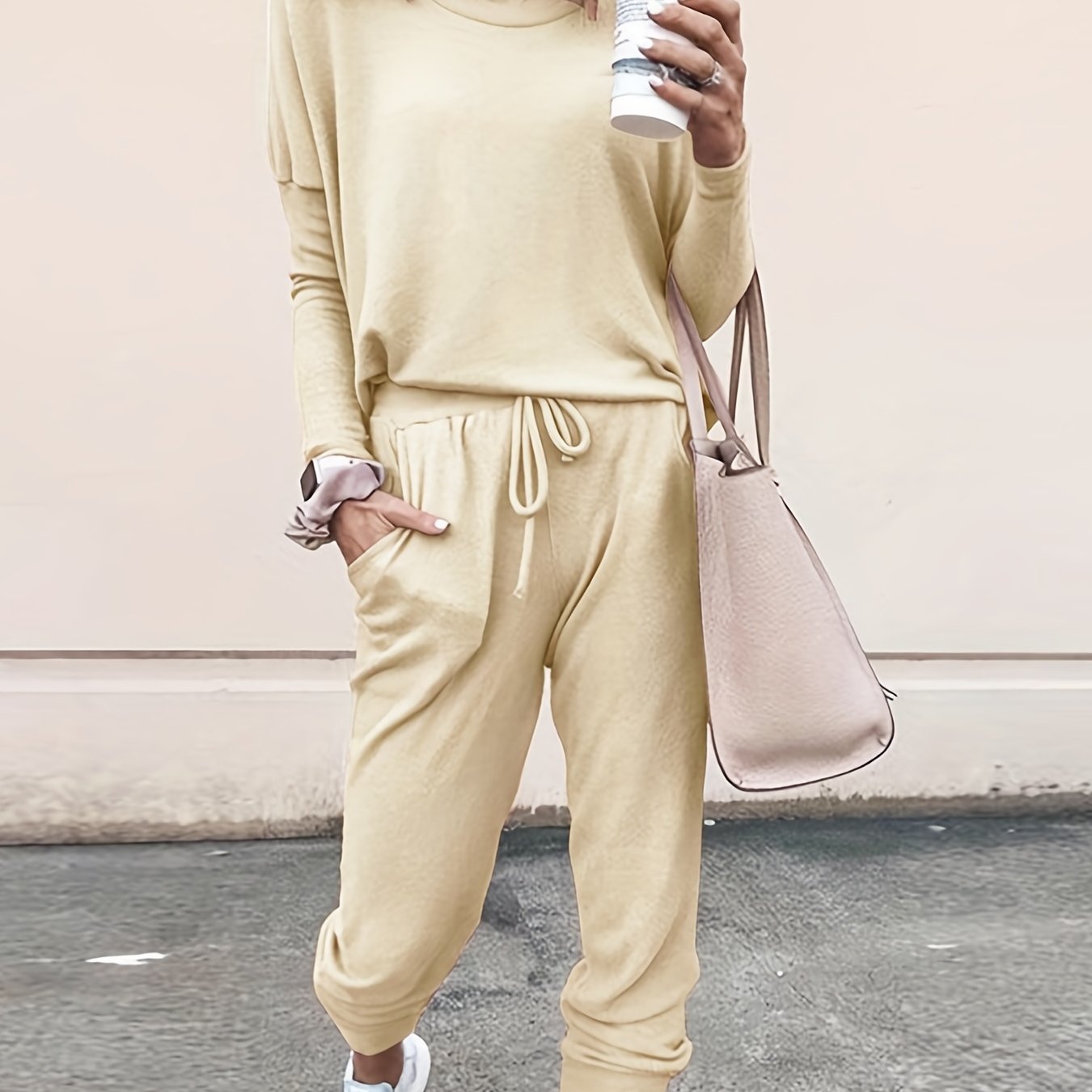 gbolsos Casual Solid Two-piece Set, Long Sleeve T-shirt & Drawstring Pants Outfits, Women's Clothing