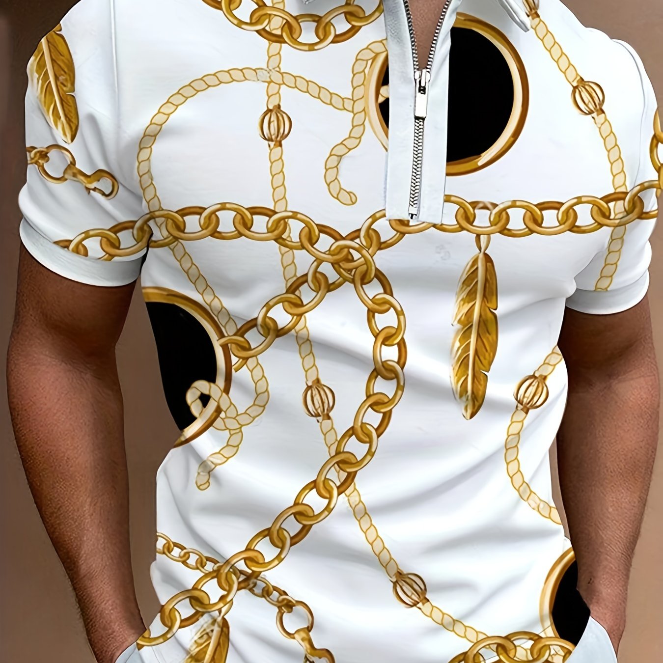 Cartoon Chain Casual Short Sleeves Polo Shirts, Zipper V-neck Tee, Men's Comfortable Slim Tops Summer Clothing