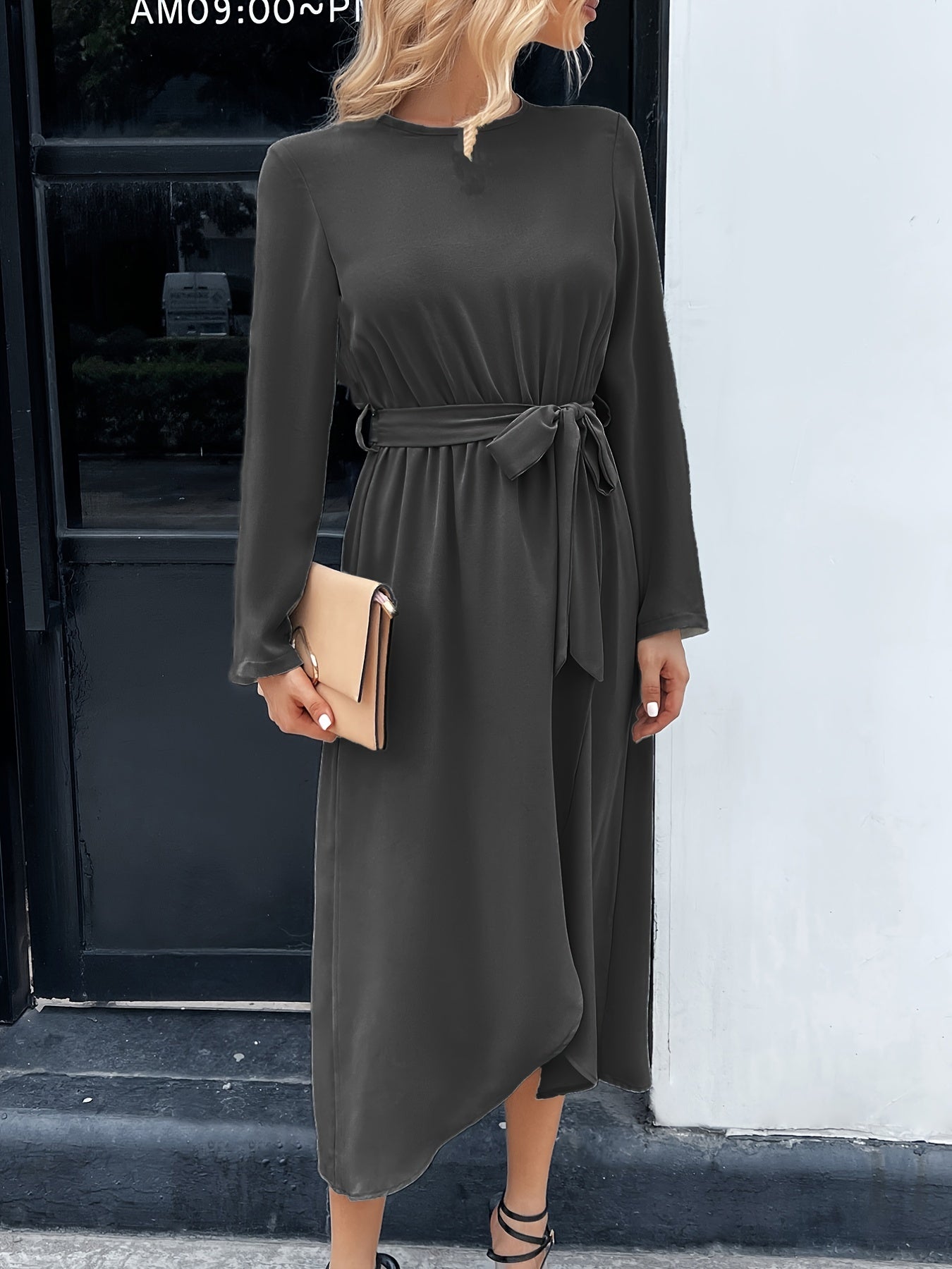 Elegant Solid Tie Front Dress, Crew Neck Long Sleeve Dress, Casual Every Day Dress, Women's Clothing