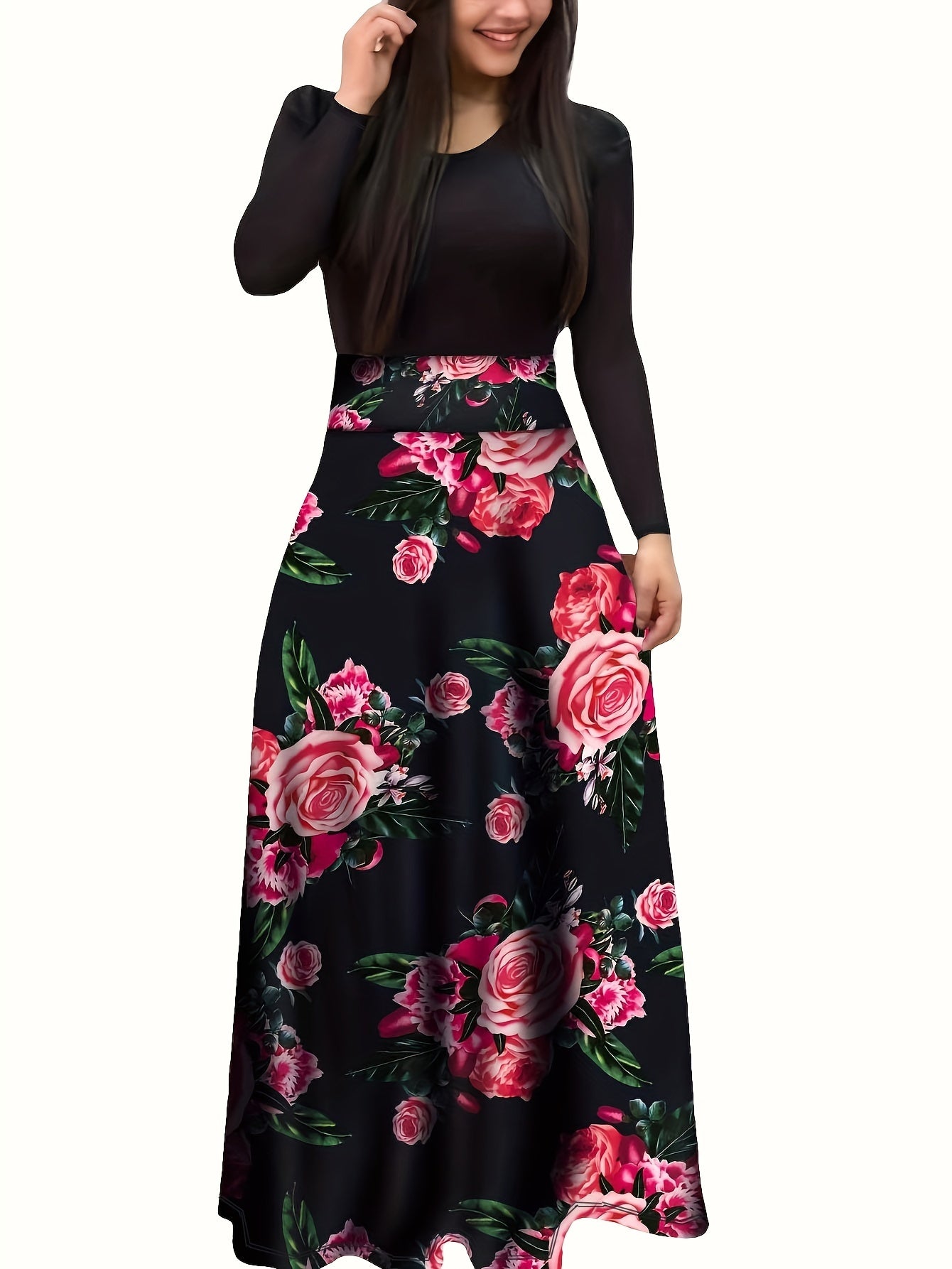 Floral Print Long Sleeve Dress, Elegant Crew Neck Pleated Maxi Dress, Women's Clothing