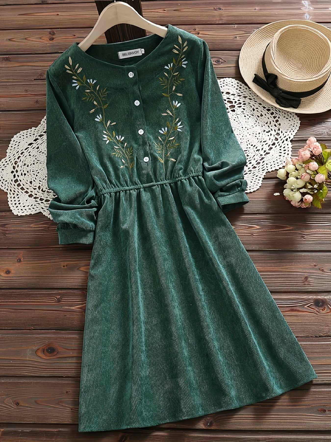 Button Front Floral Embroidered Dress, Vintage Slim Waist Pleated Long Sleeve Dress, Women's Clothing