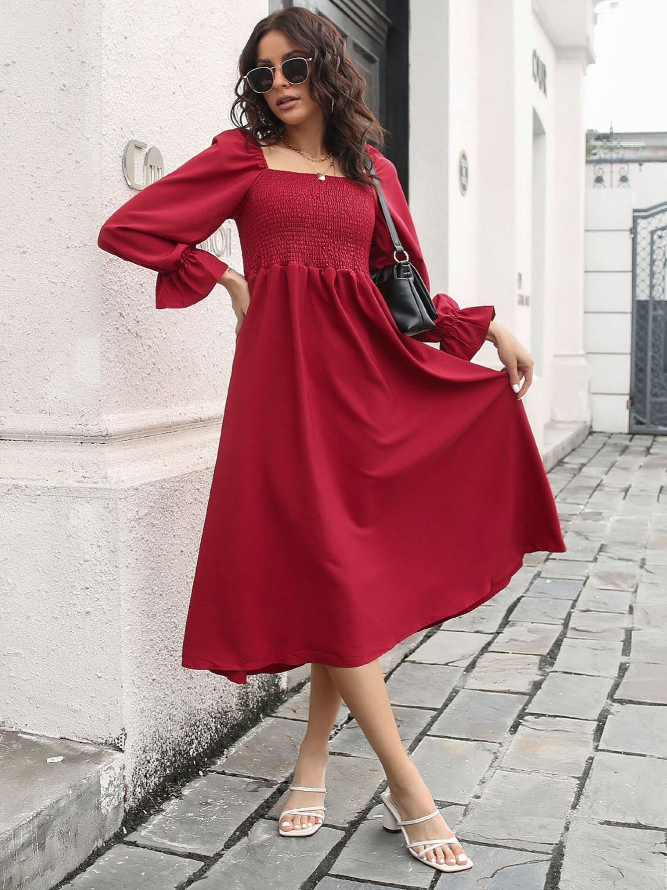 Women's Dresses Flared Sleeve T-Neck Long Sleeve Pleated Dresses