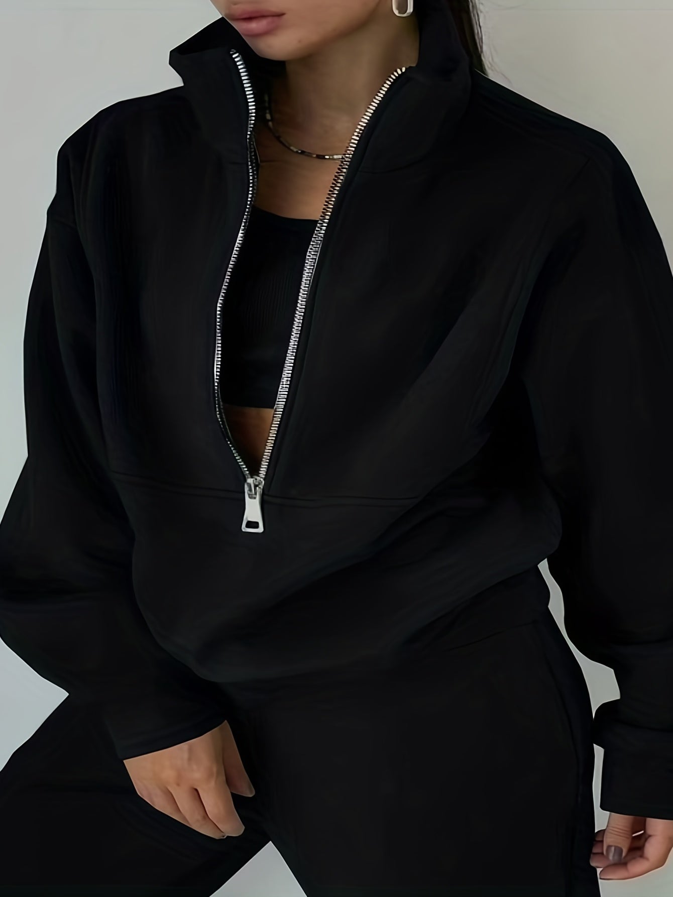 Casual Matching Two-piece Set, Zip Up Sweatshirt & Solid Sweatpants Outfits, Women's Clothing