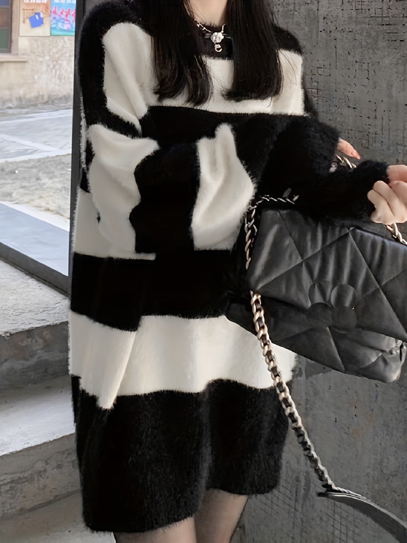 Color Block Striped Knit Sweater, Casual Crew Neck Long Sleeve Sweater For Spring & Fall, Women's Clothing