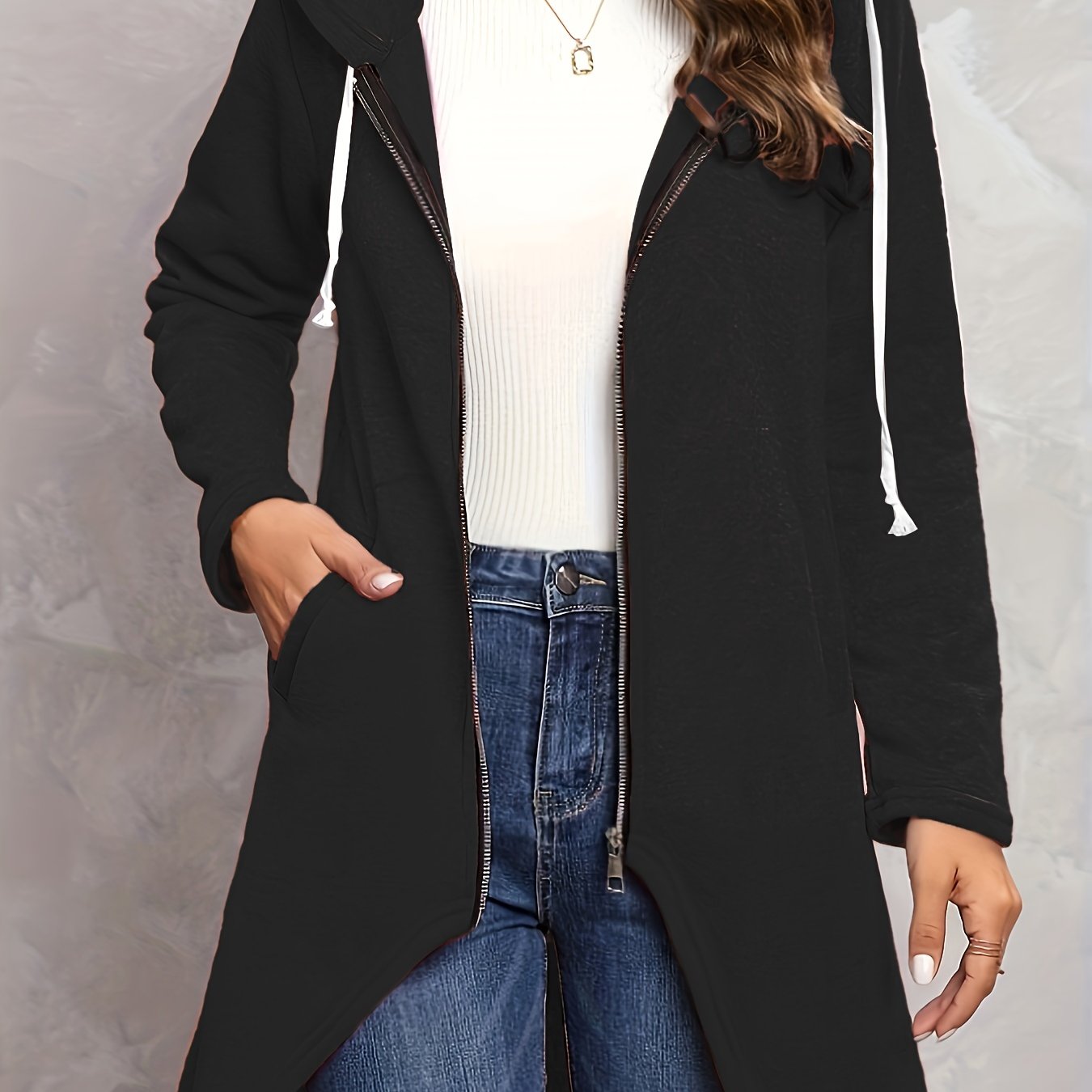 Solid Zip Up Long Sleeve Hoodie, Casual Long Sleeve Drawstring Hoodies Sweatshirt, Women's Clothing