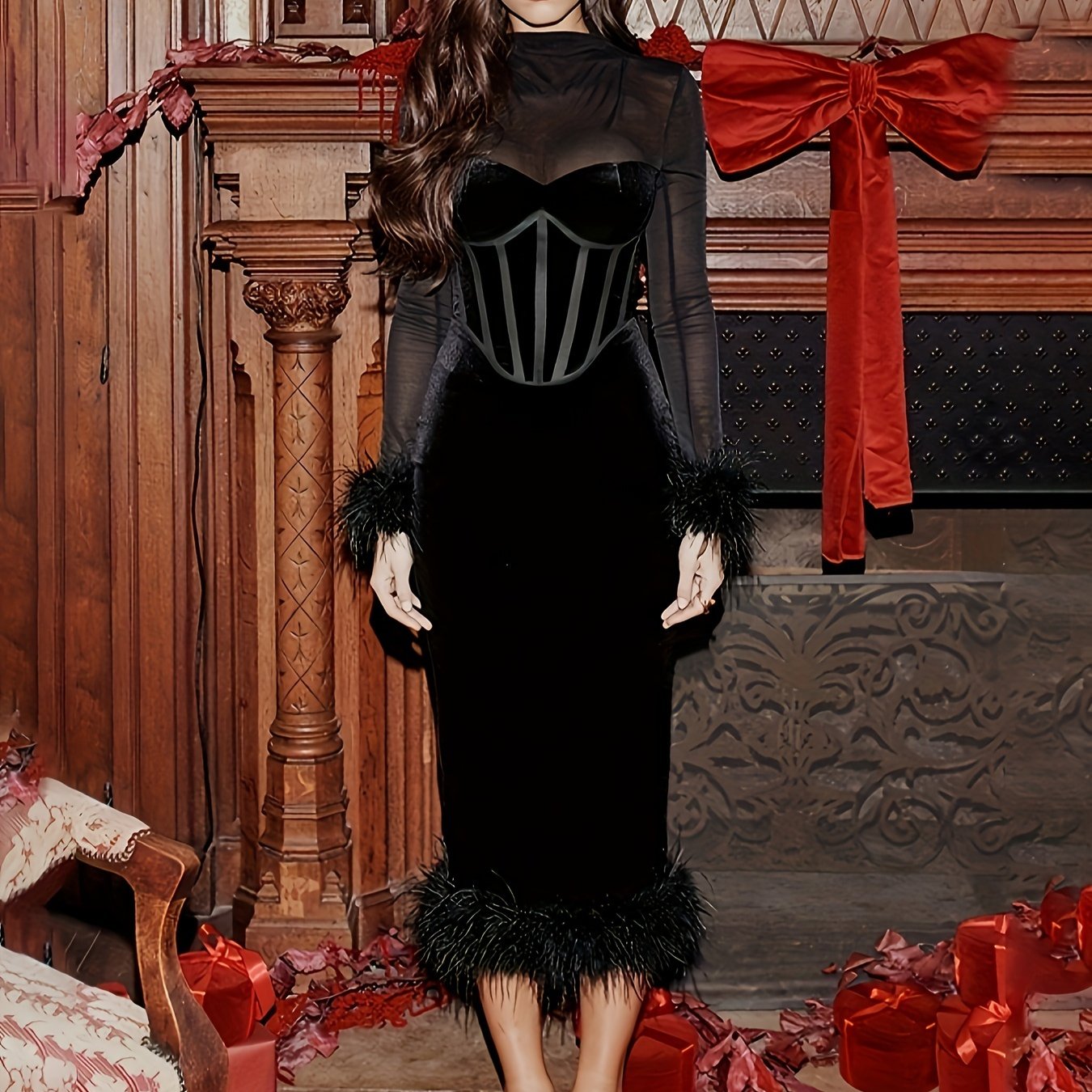 gbolsos Faux Fur Trim Corset Fit Dress, Stylish Bustier Semi-sheer Mock Neck Long Sleeve Dress, Women's Clothing