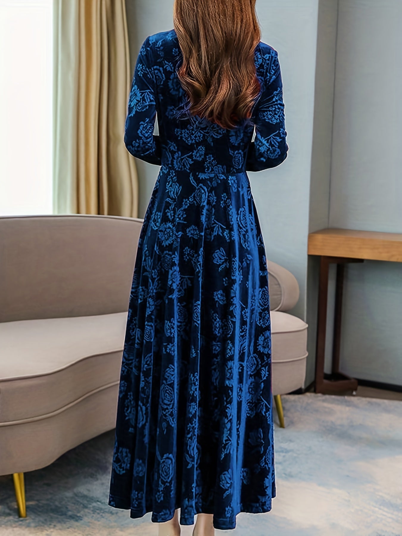 gbolsos Floral Pattern Maxi Dress, Elegant V Neck Long Sleeve Dress, Women's Clothing