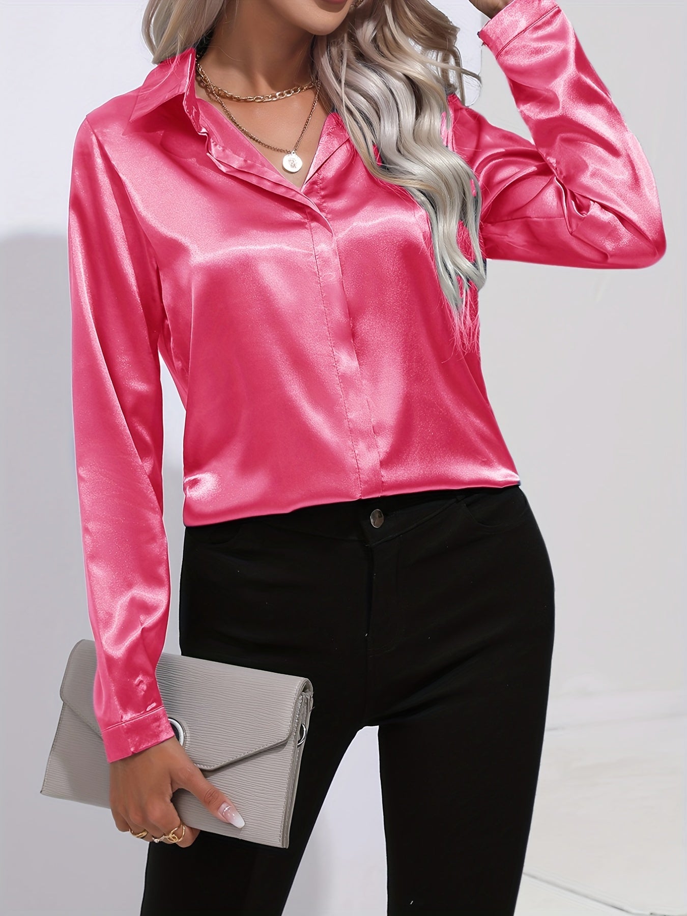 Elegant Satin Blouse, Collar Long Sleeve Work Blouse, Women's Clothing