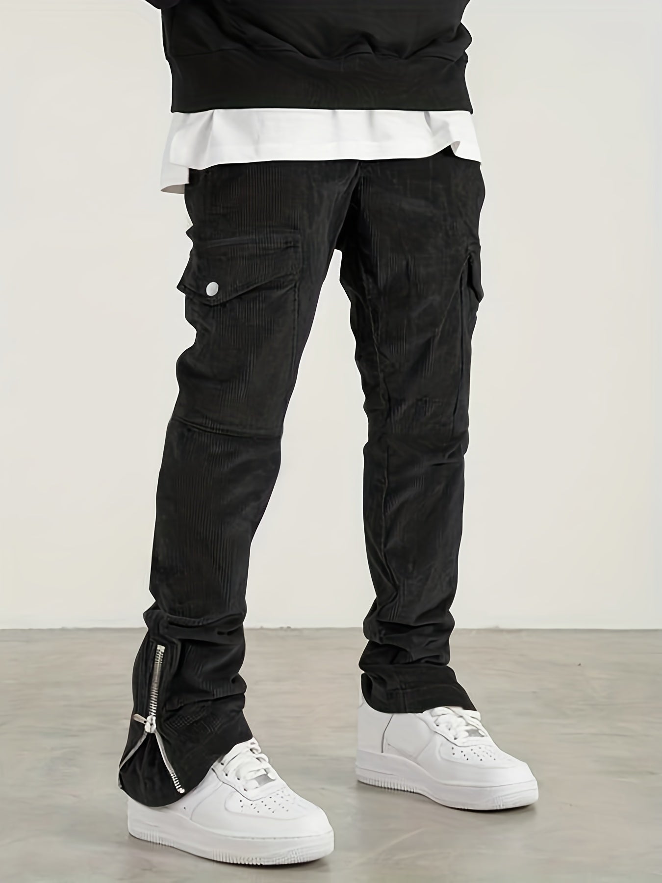 gbolsos Trendy Zipper Slit Bottom Cargo Pants, Men's Solid Multi Flap Pocket Trousers, Casual Outdoor Pants, Men's Work Pants Outdoors Streetwear Hiphop Style