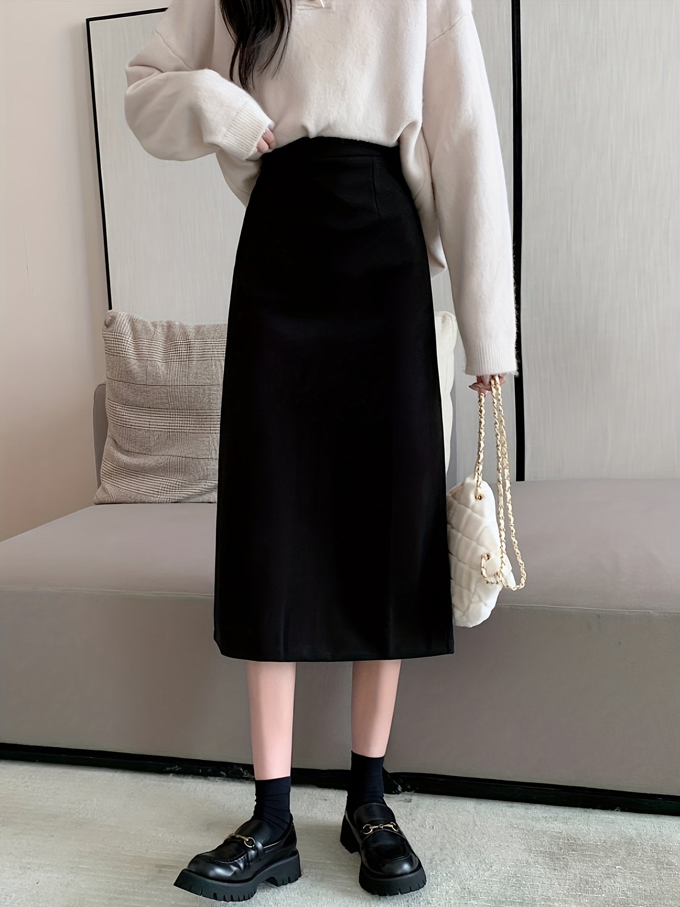 Solid High Waist Split Back Skirt, Vintage A Line Midi Skirt For Spring & Fall, Women's Clothing