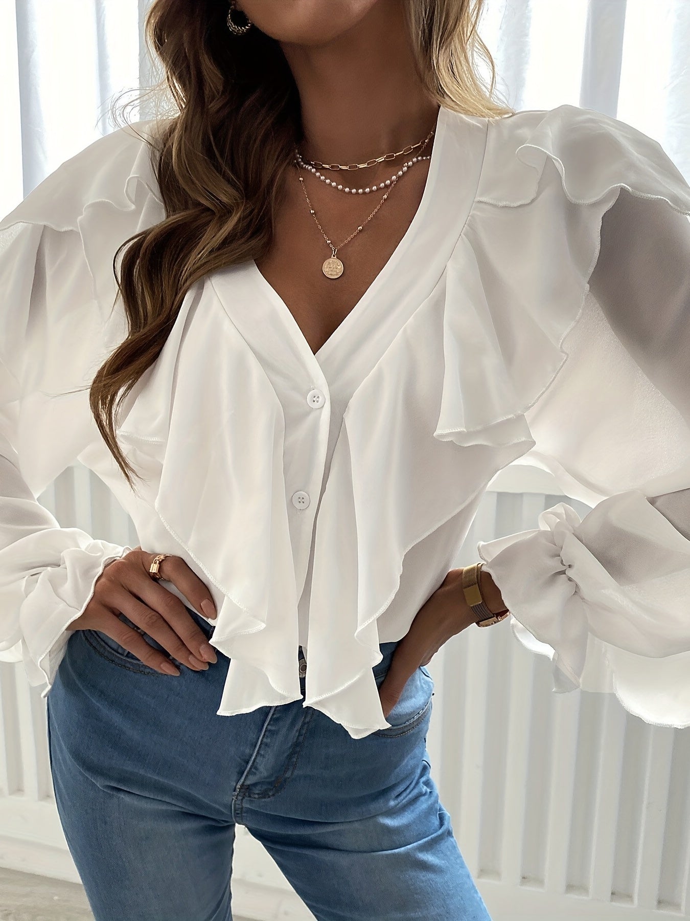 gbolsos Ruffle Trim Solid Blouse, Sexy V Neck Button Front Long Sleeve Blouse, Women's Clothing