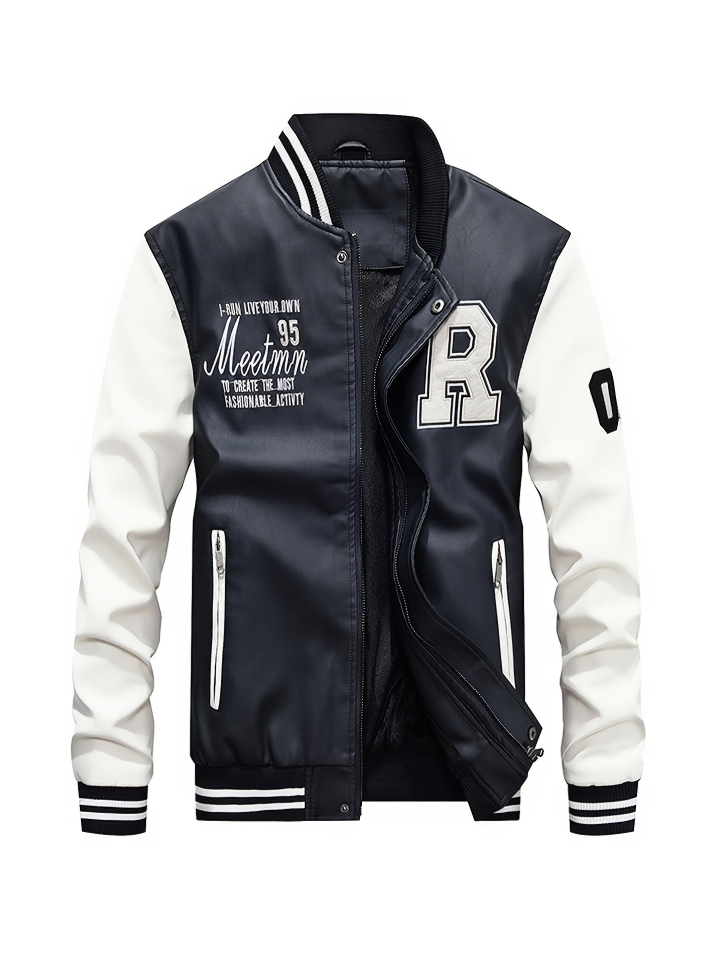 gbolsos Men's Casual Pockets "R" Print Zipper Long Sleeves Baseball Collar PULeather Jacket