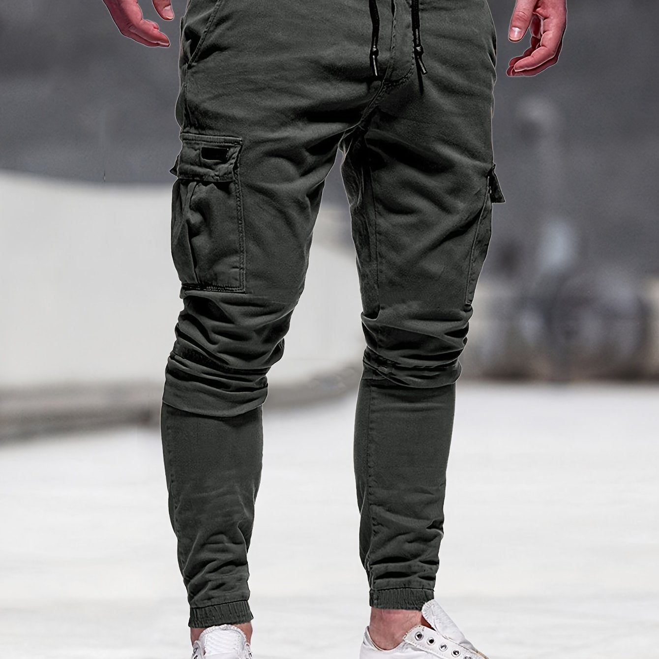 gbolsos Solid Multi Flap Pockets Men's Drawstring Cargo Pants, Slim Fit Elastic Casual Outdoor Pants, Men's Work Pants