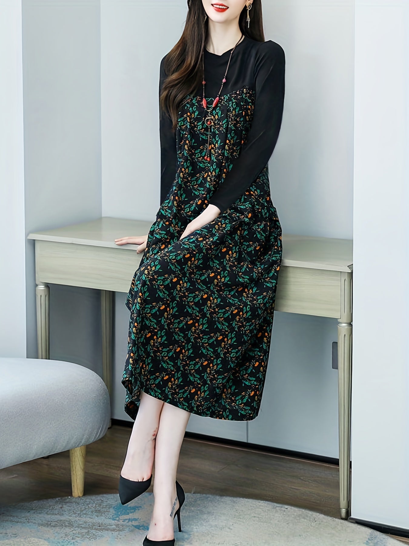 gbolsos Floral Print Crew Neck Dress, Casual Long Sleeve Dress For Spring & Fall, Women's Clothing