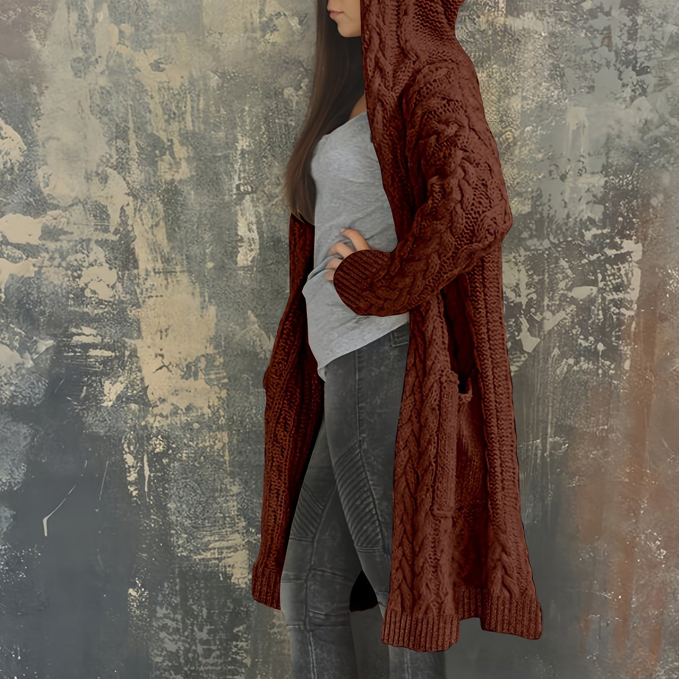 Chunky Knit Hooded Cardigan, Solid Long Open Front Sweater, Casual Cardigan For Fall & Winter, Women's Clothing