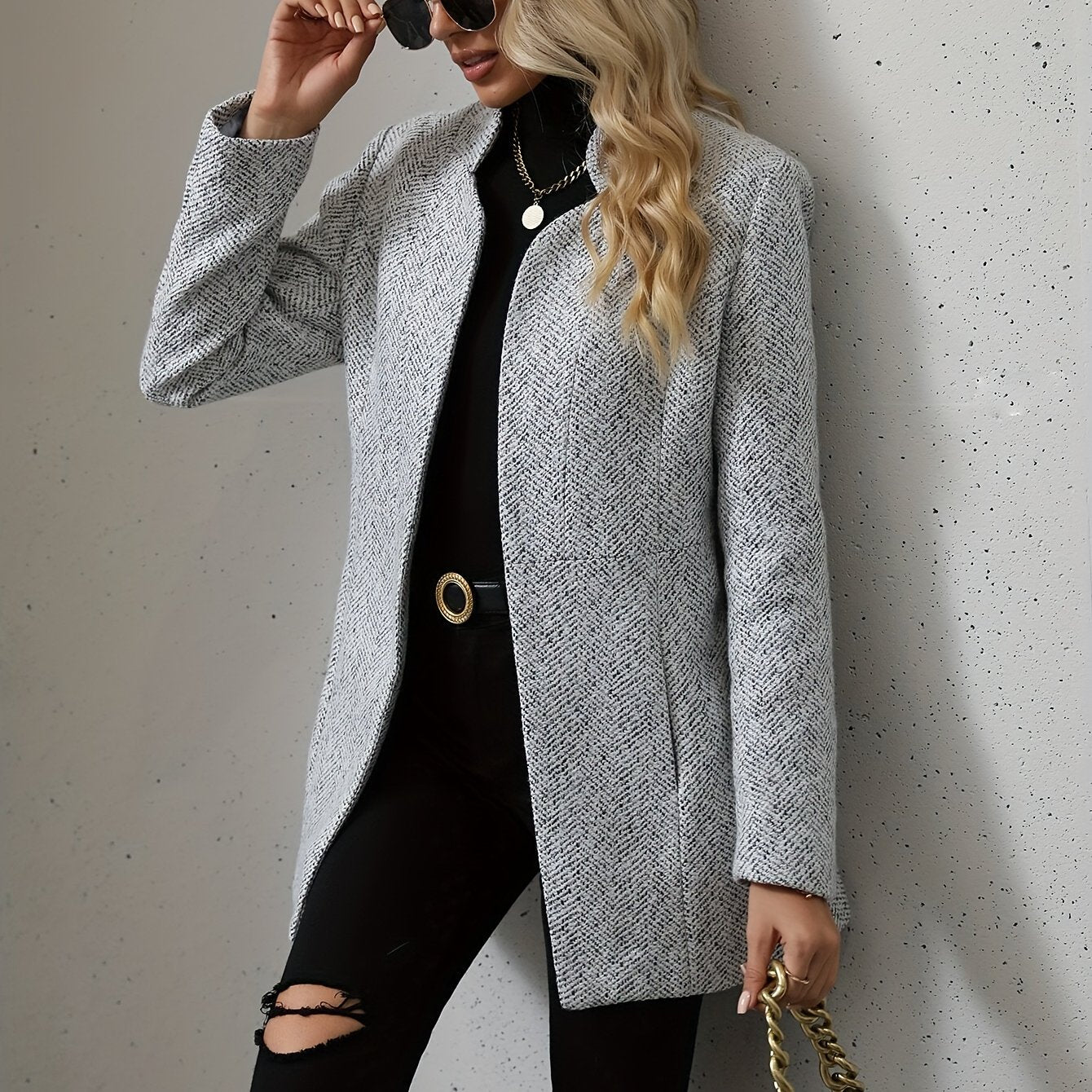 gbolsos Open Front Textured Blazer, Elegant Long Sleeve Blazer For Office & Work, Women's Clothing