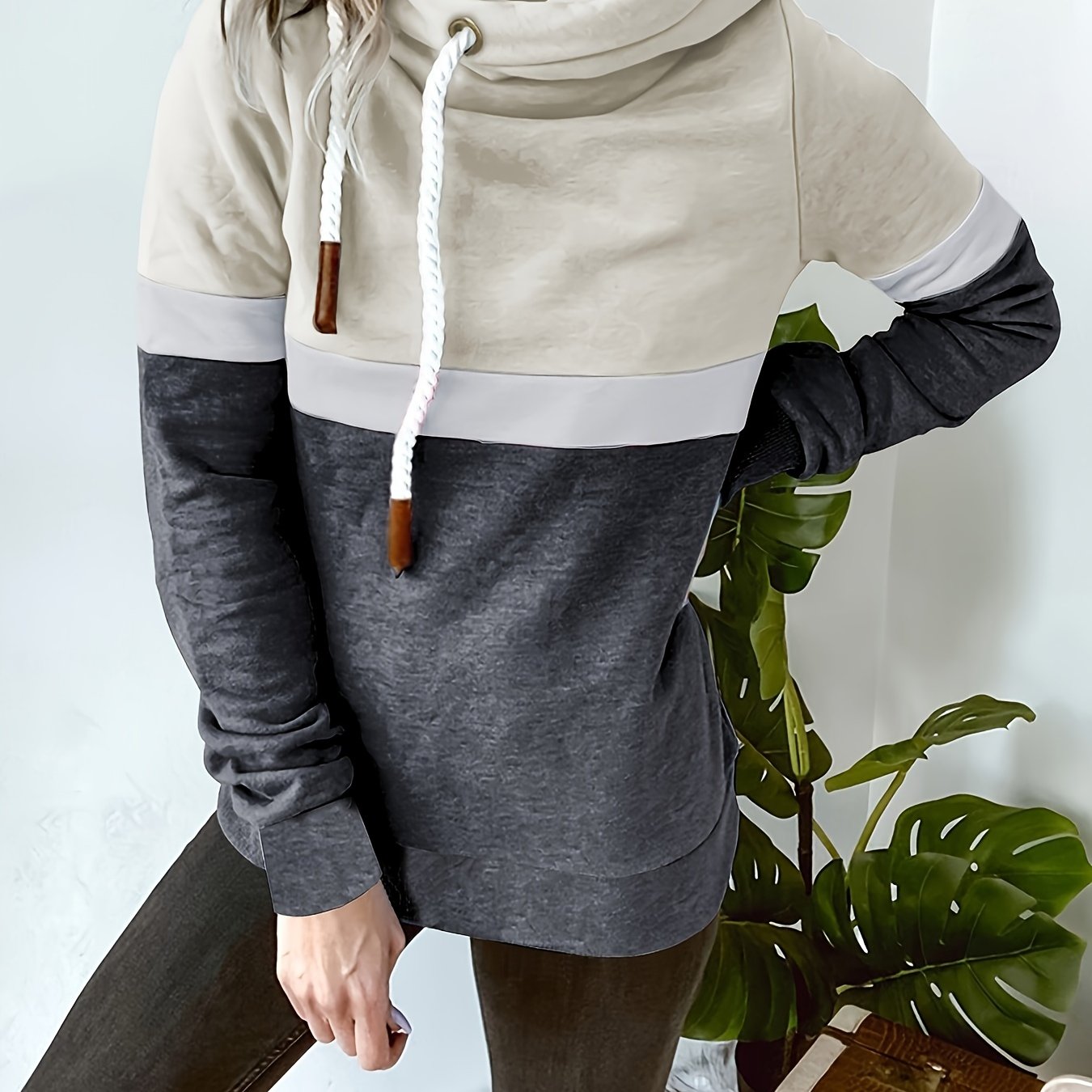 gbolsos Color Block Turtle Neck Hoodie, Casual Long Sleeve Drawstring Hoodies Sweatshirt, Women's Clothing