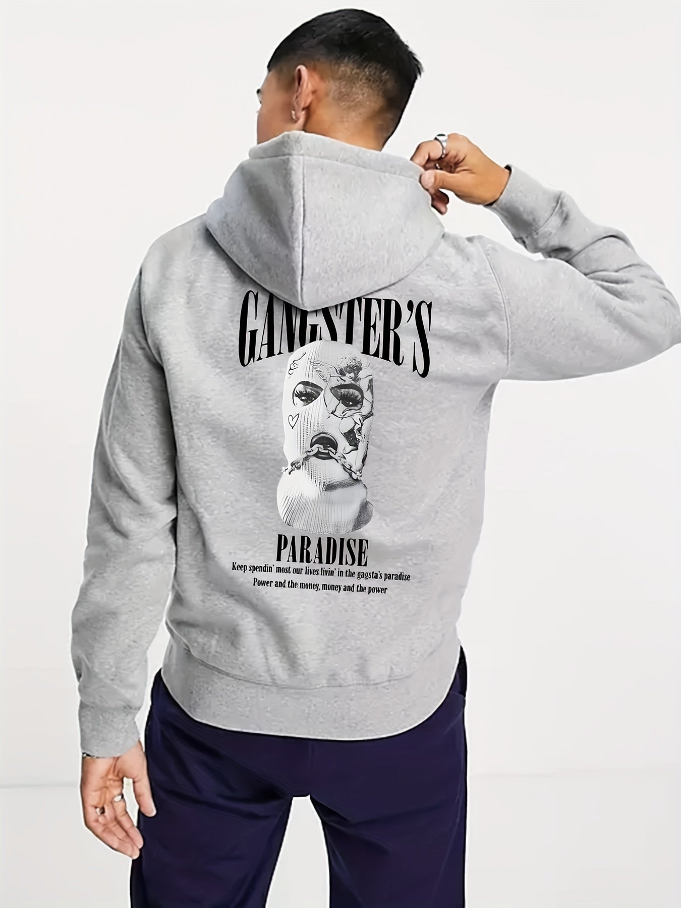 gbolsos Men's Stylish Paradise Print Hoodie, Active Slightly Stretch Breathable Hooded Sweatshirt For Outdoor Fall Winter