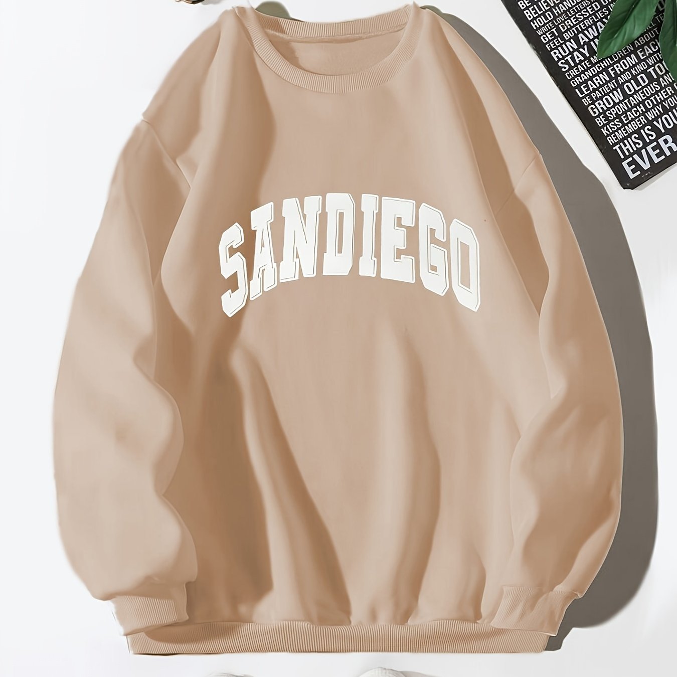 gbolsos Sandiego Letter Print Sweatshirt, Casual Crew Neck Long Sleeve Sweatshirt, Women's Clothing