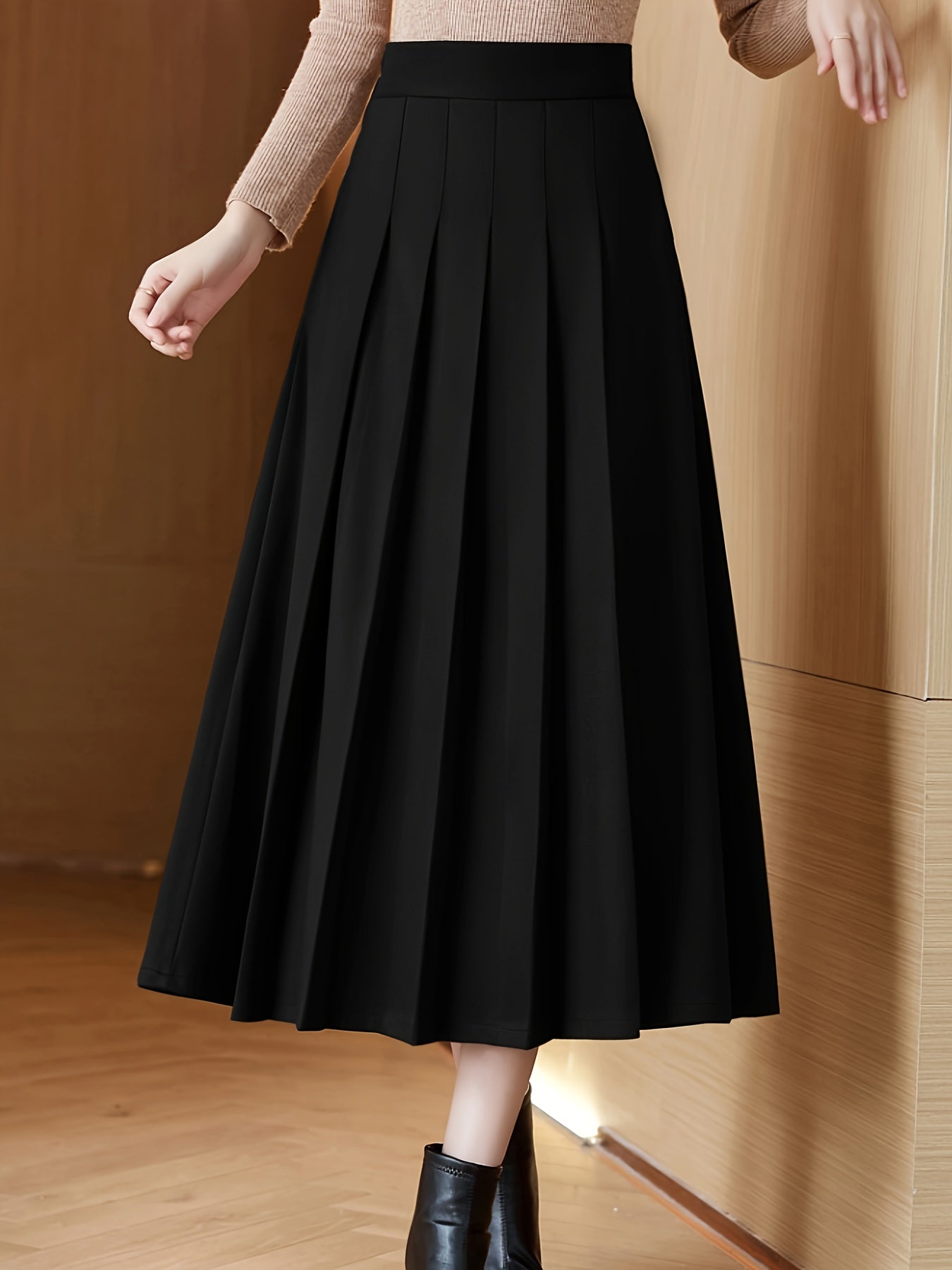 gbolsos Solid High Waist Skirt, Elegant Pleated Midi Draped Skirt, Women's Clothing