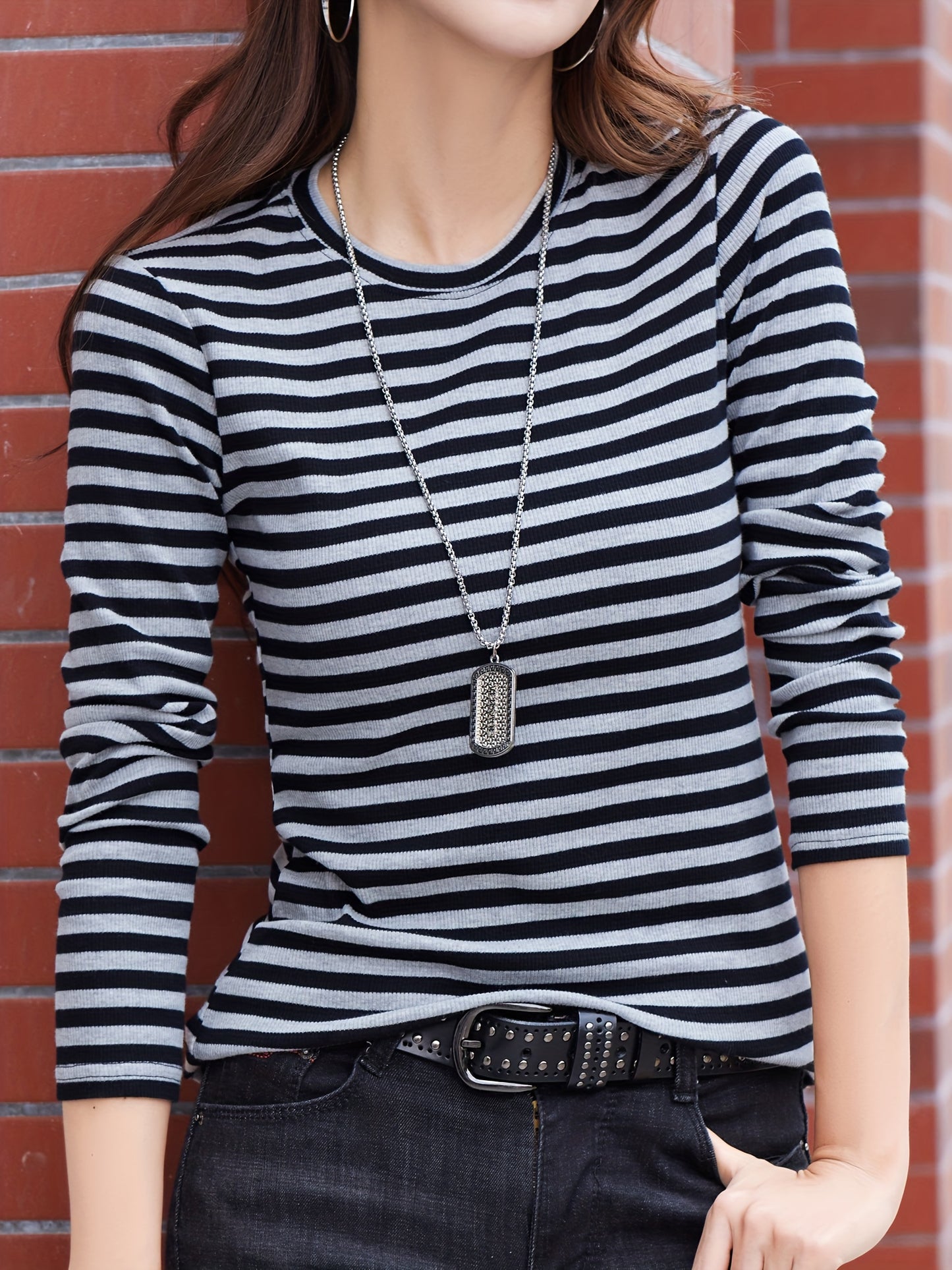 gbolsos Striped Print Crew Neck T-Shirt, Casual Long Sleeve T-Shirt For Spring & Fall, Women's Clothing