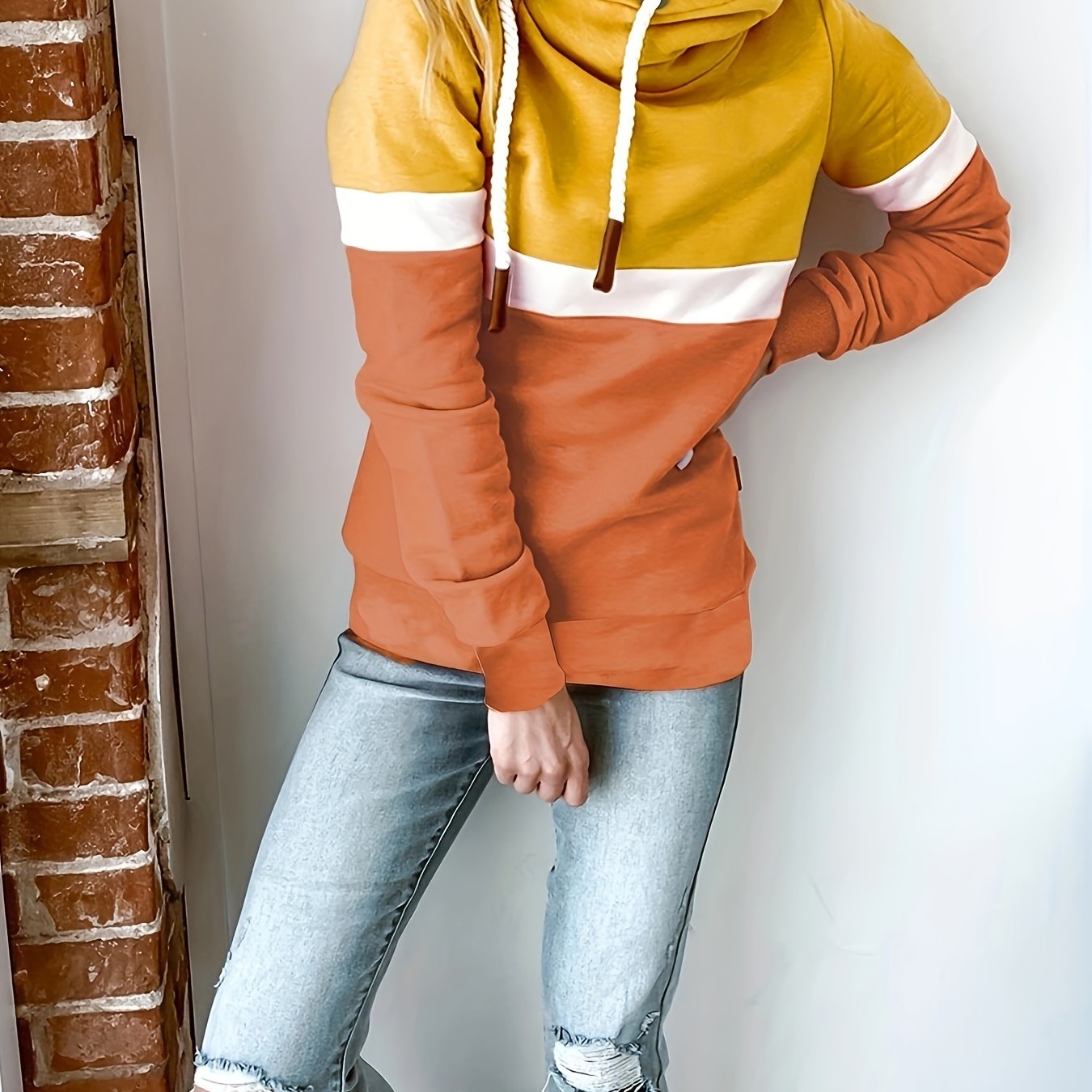 gbolsos Color Block Turtle Neck Hoodie, Casual Long Sleeve Drawstring Hoodies Sweatshirt, Women's Clothing