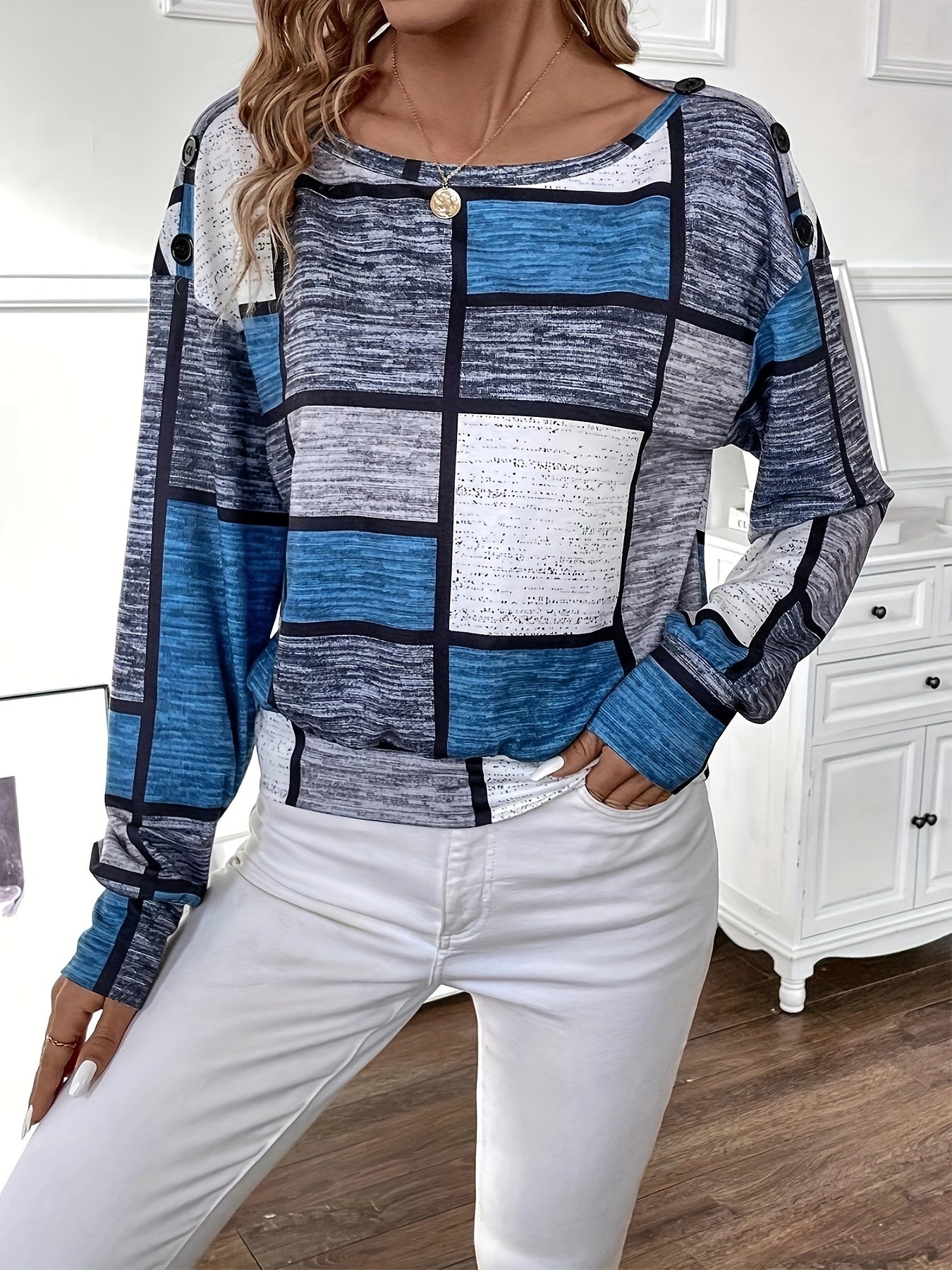 gbolsos Color Block Crew Neck T-Shirt, Casual Long Sleeve Top For Spring & Fall, Women's Clothing