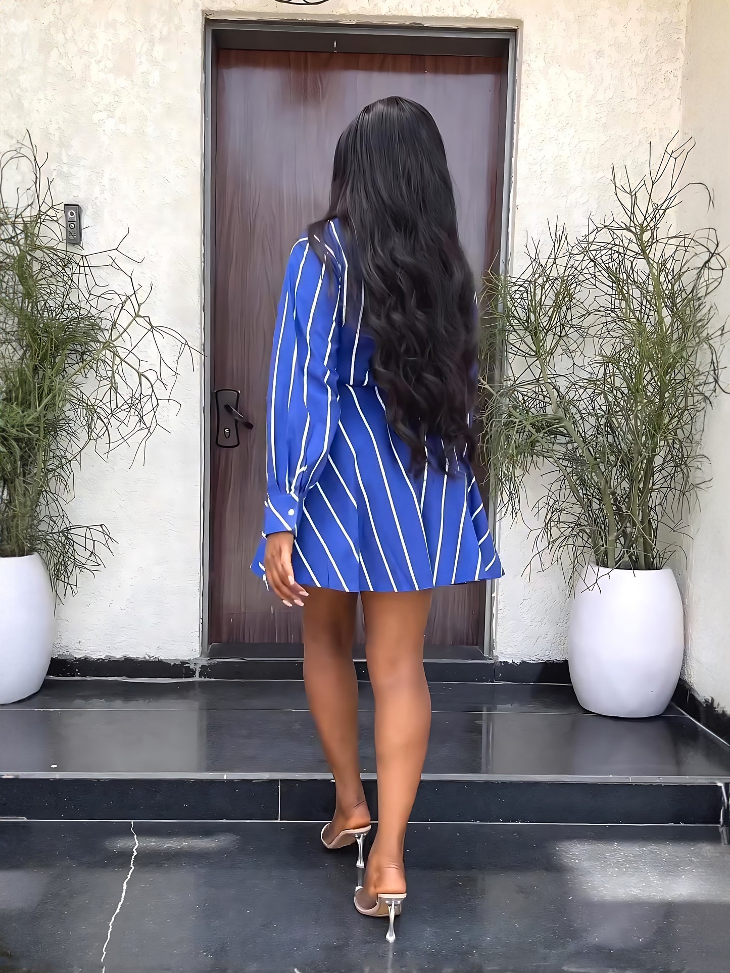 Striped Print Layered Dress, Casual Button Front Long Sleeve Dress, Women's Clothing