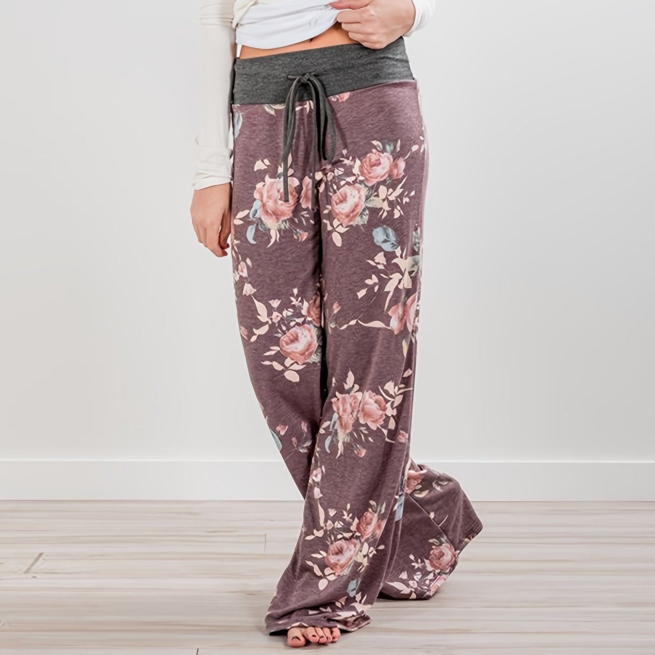 Loose Wide Leg Pants, Casual Yoga Low Waist Solid Floral Print Summer Comfy Pants, Women's Clothing