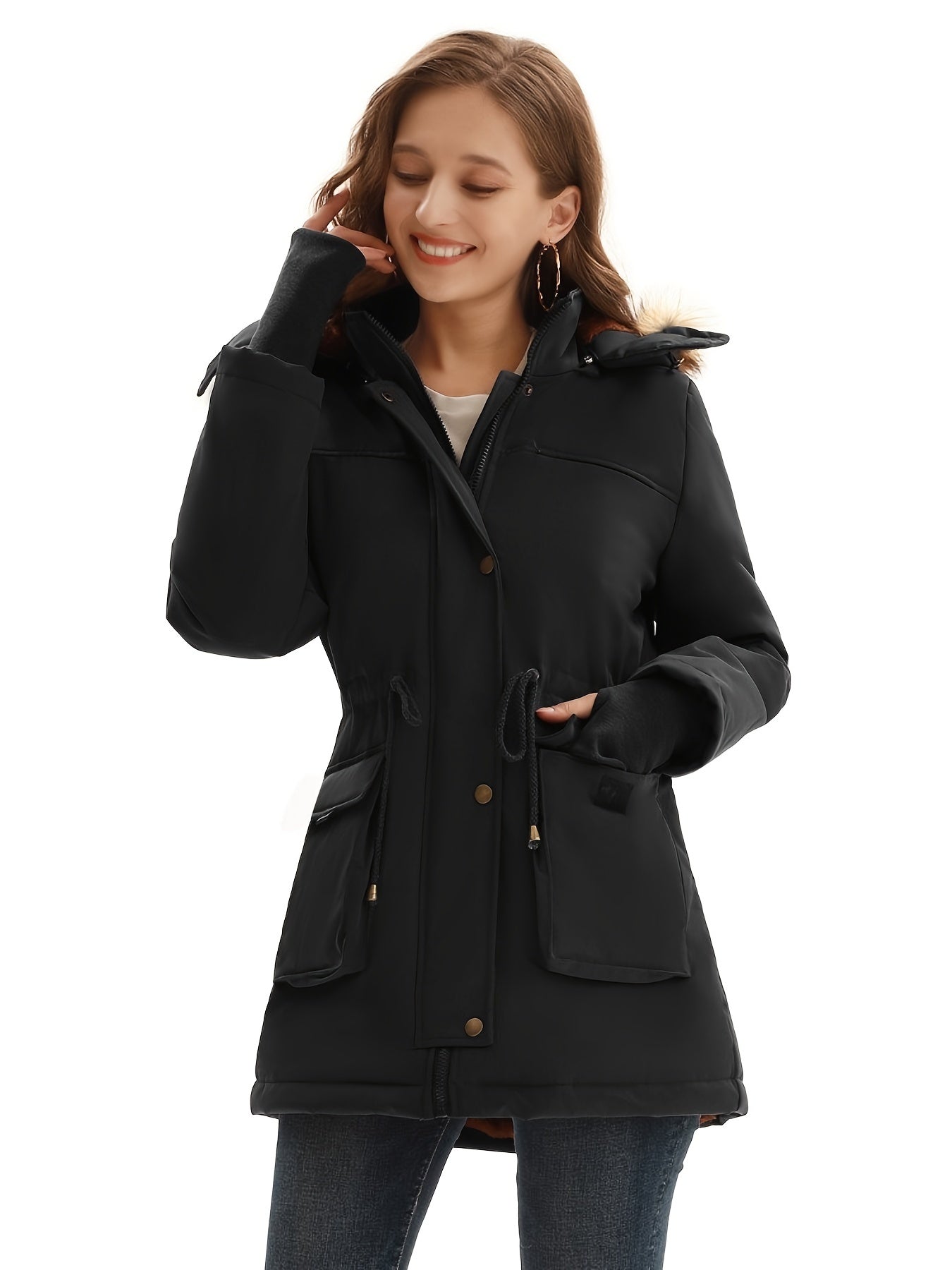 gbolsos Women's Hooded Warm Winter Thicken Jacket, Lined Parkas Long Coats With Pockets Solid Jacket, Women's Clothing
