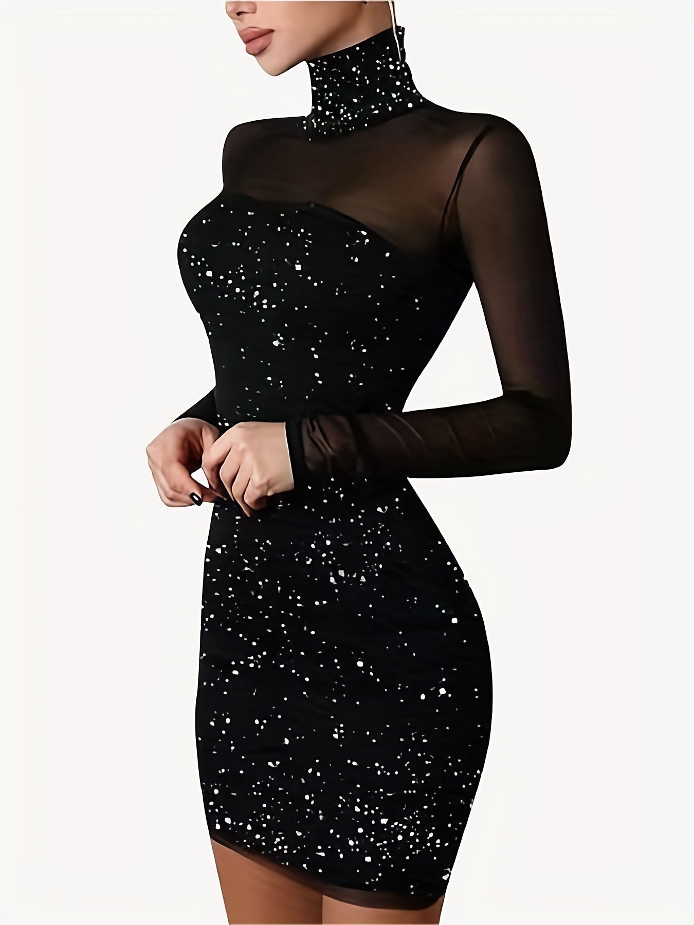 gbolsos Sheer Splicing Dress, Sexy Solid High Collar Long Sleeve Bodycon Evening Dress, Women's Clothing