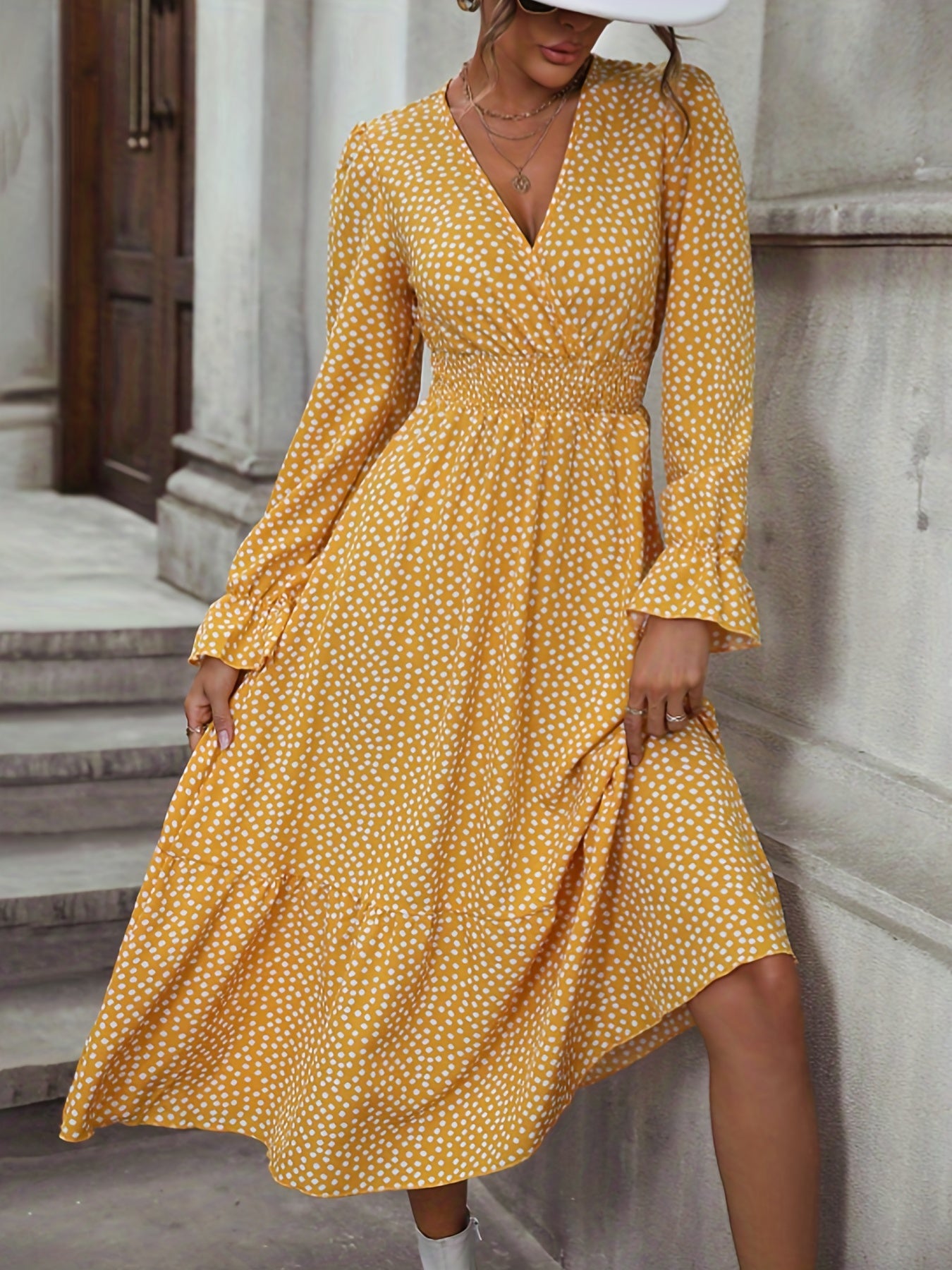 Pin Dot Print High Waist Dress, Elegant V Neck Long Sleeve Maxi Dress, Women's Clothing