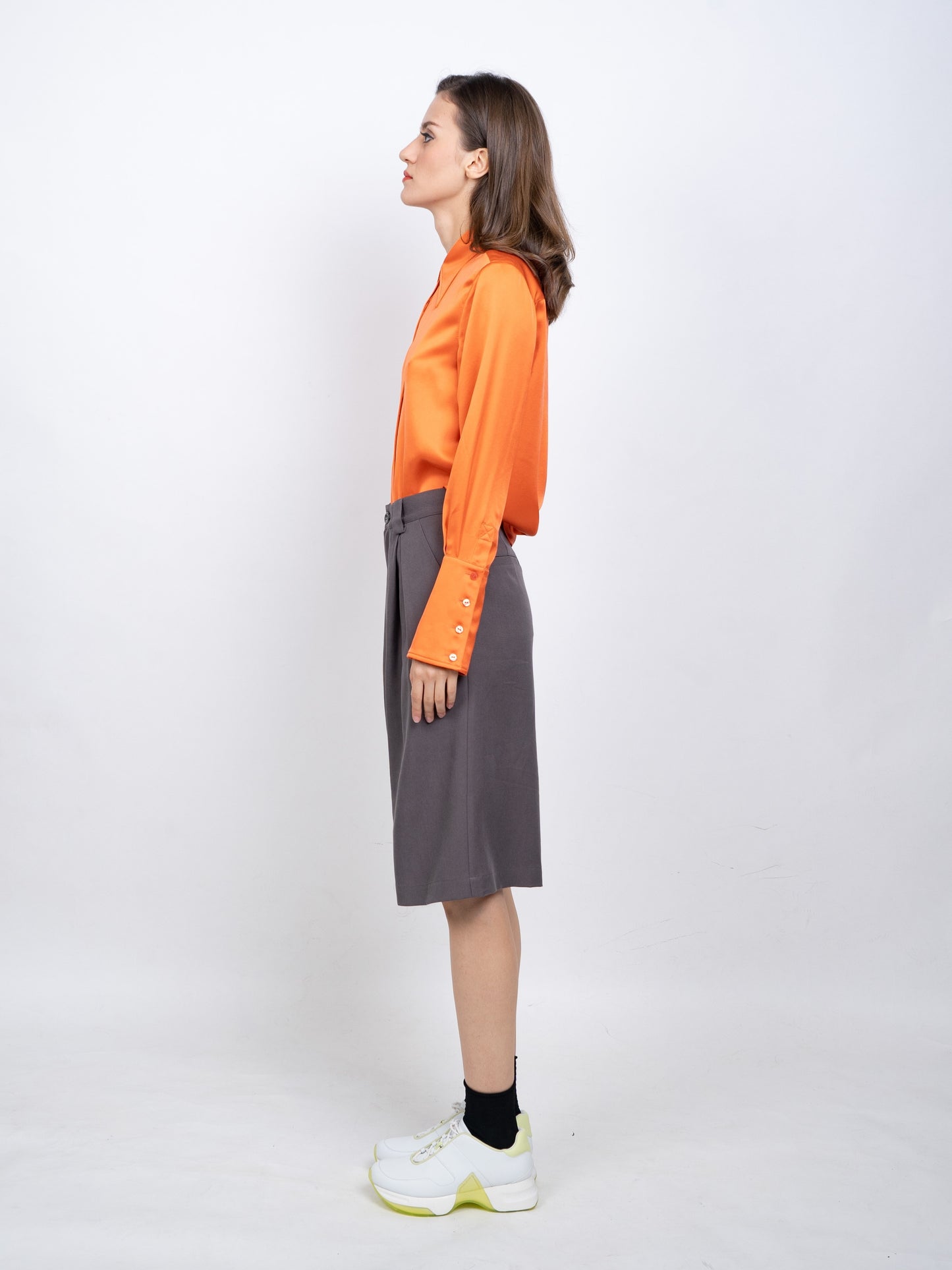 gbolsos Ruched Knee Length Suit Shorts, Solid Wide Leg Pleat Front Tailored Shorts With Pockets, Women's Clothing