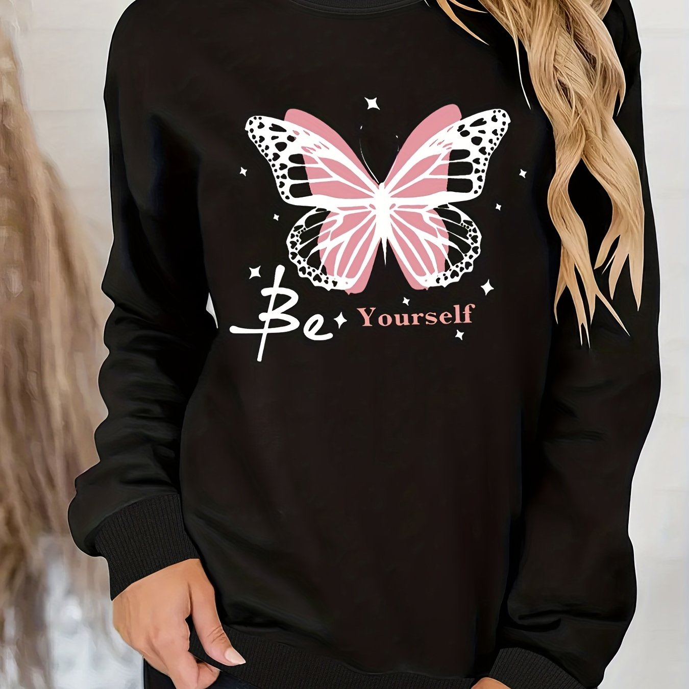 Butterfly & Be Yourself Print Sweatshirt, Winter & Fall Crew Neck Casual Sweatshirt, Women's Clothing