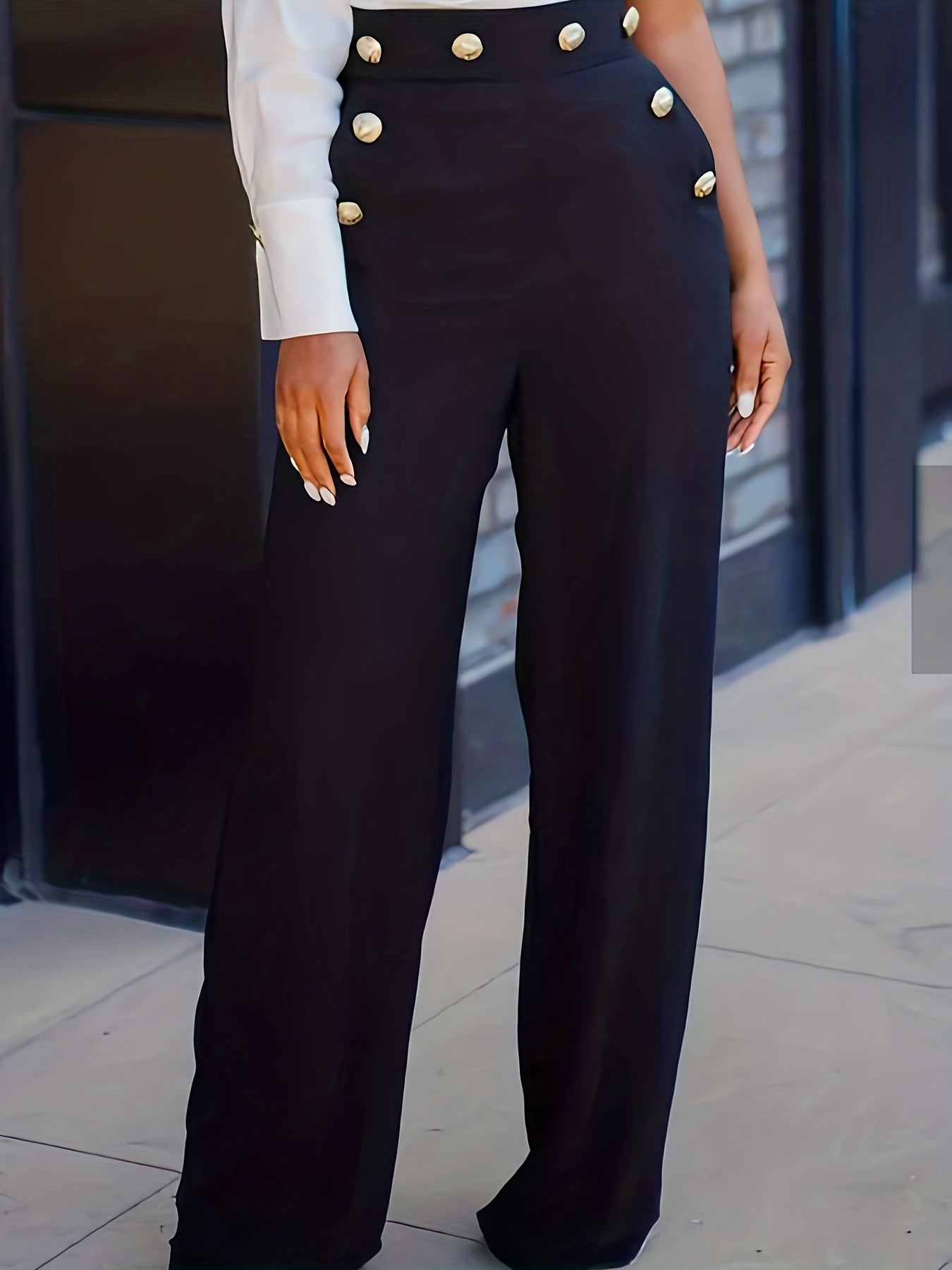 gbolsos Button Decor Waist Wide Leg Pants, Casual Loose Pants For Spring & Fall, Women's Clothing