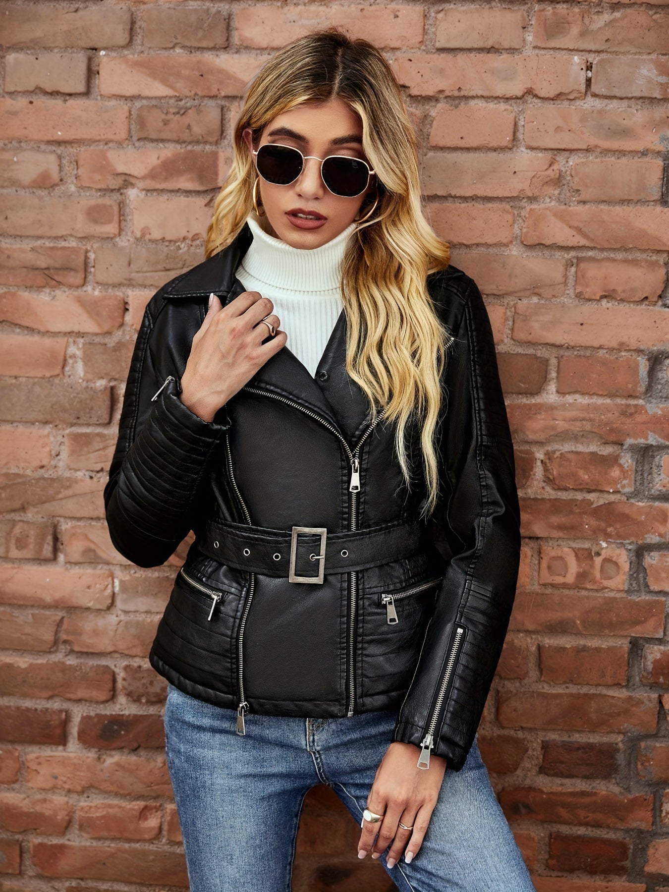 gbolsos Fluffy Trim PU Leather Jacket, Street Wear Long Sleeve Moto Jacket, Women's Clothing