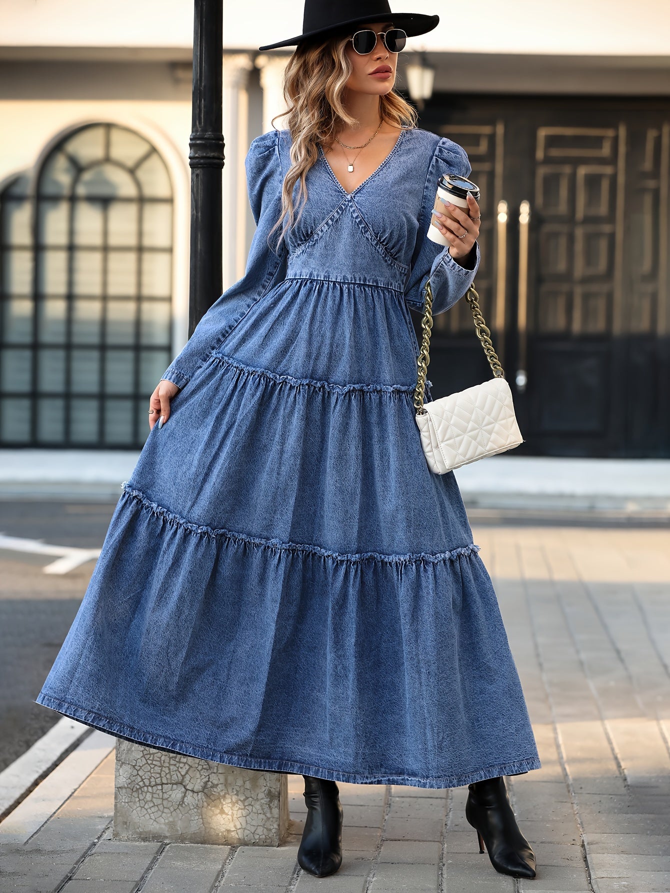 gbolsos Long Sleeves Layered Denim Dress, V Neck Ruffle Hem Denim Dress, Women's Denim Clothing