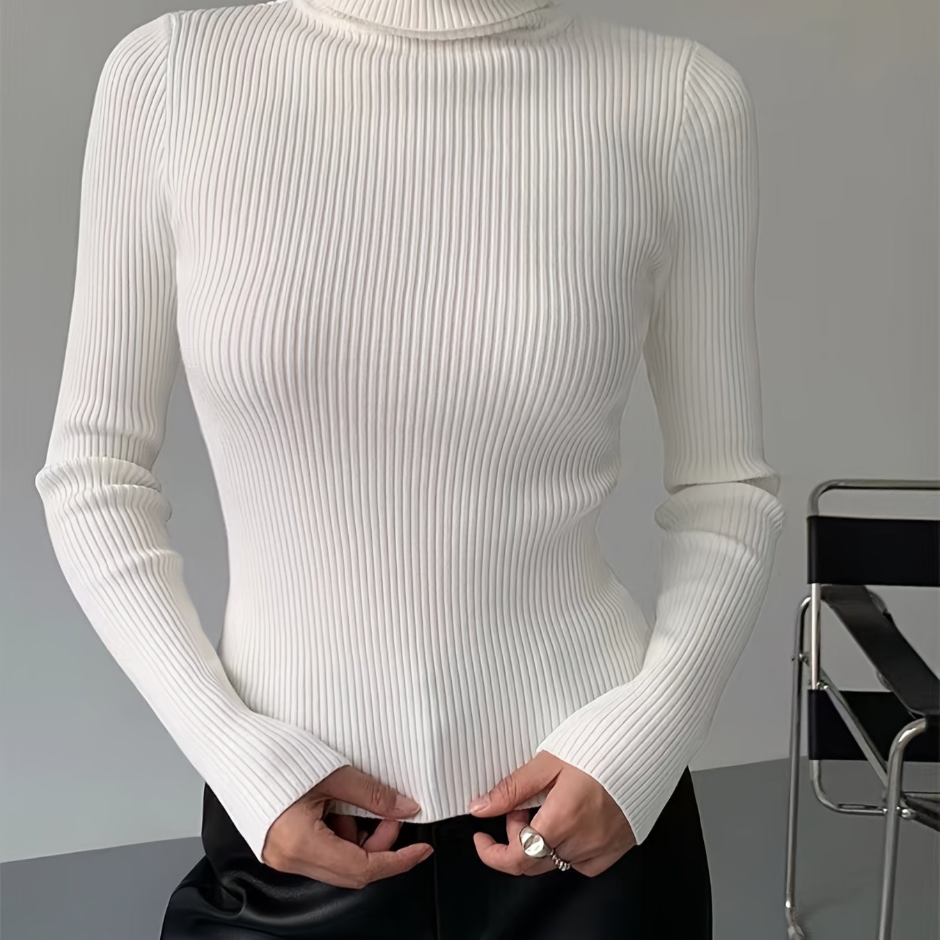 gbolsos Women's Sweater Turtleneck Solid Ribbed Long Sleeve Slim Pullover Knit Tops