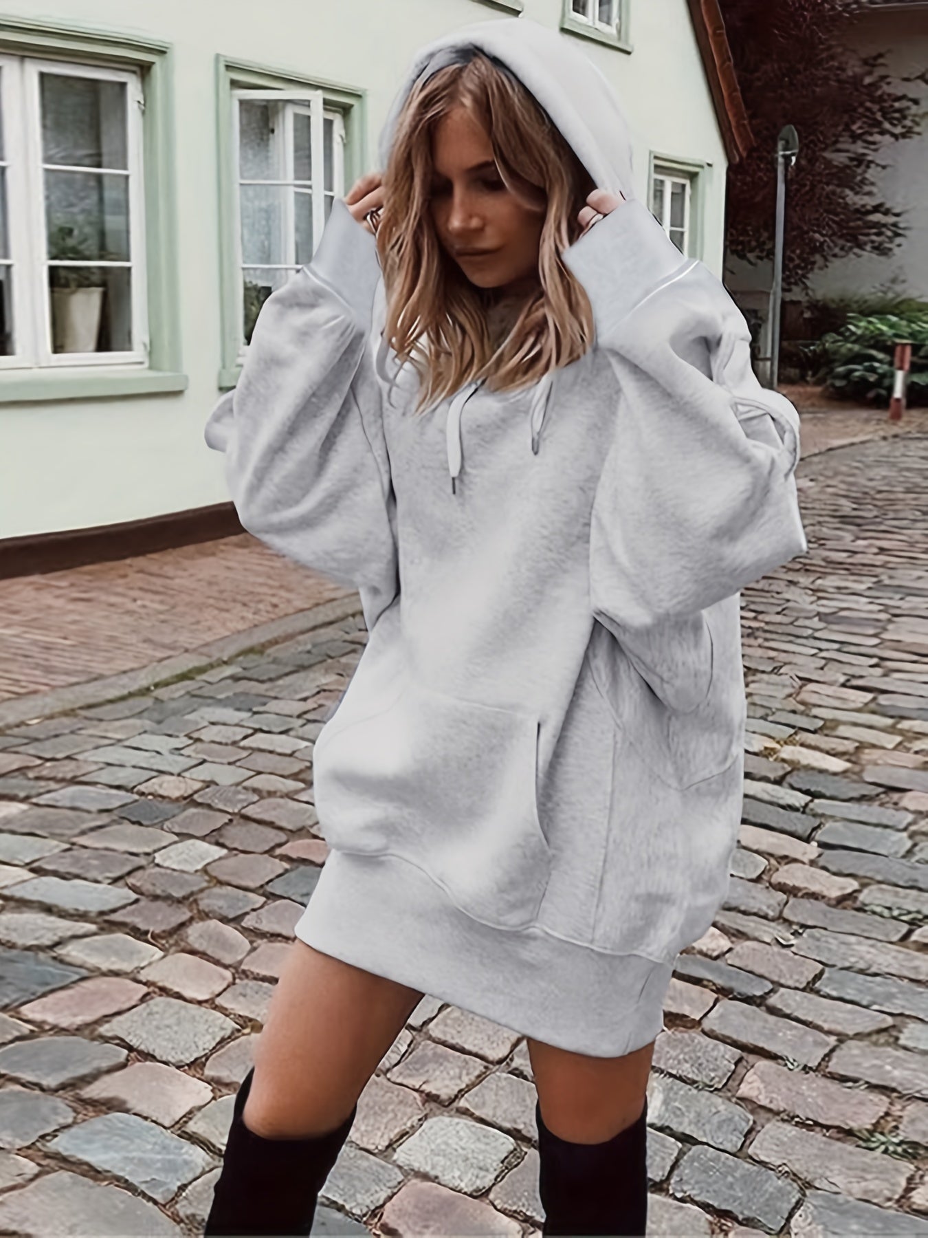 Solid Drawstring Hoodie, Casual Long Sleeve Drop Shoulder Hoodie, Women's Clothing