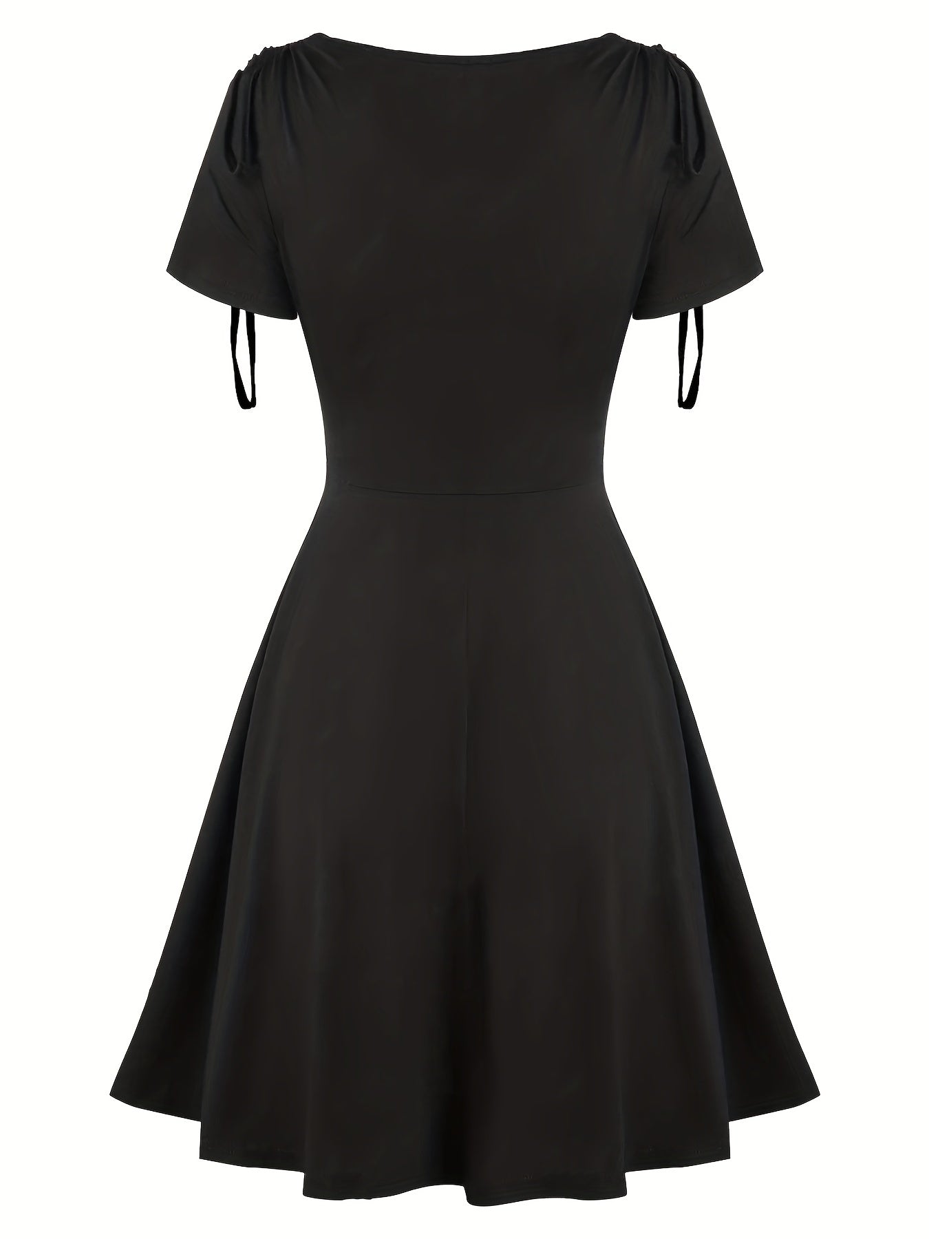 Solid Draped Drawstring Dress, Elegant V Neck Short Sleeve Pleated Dress, Women's Clothing