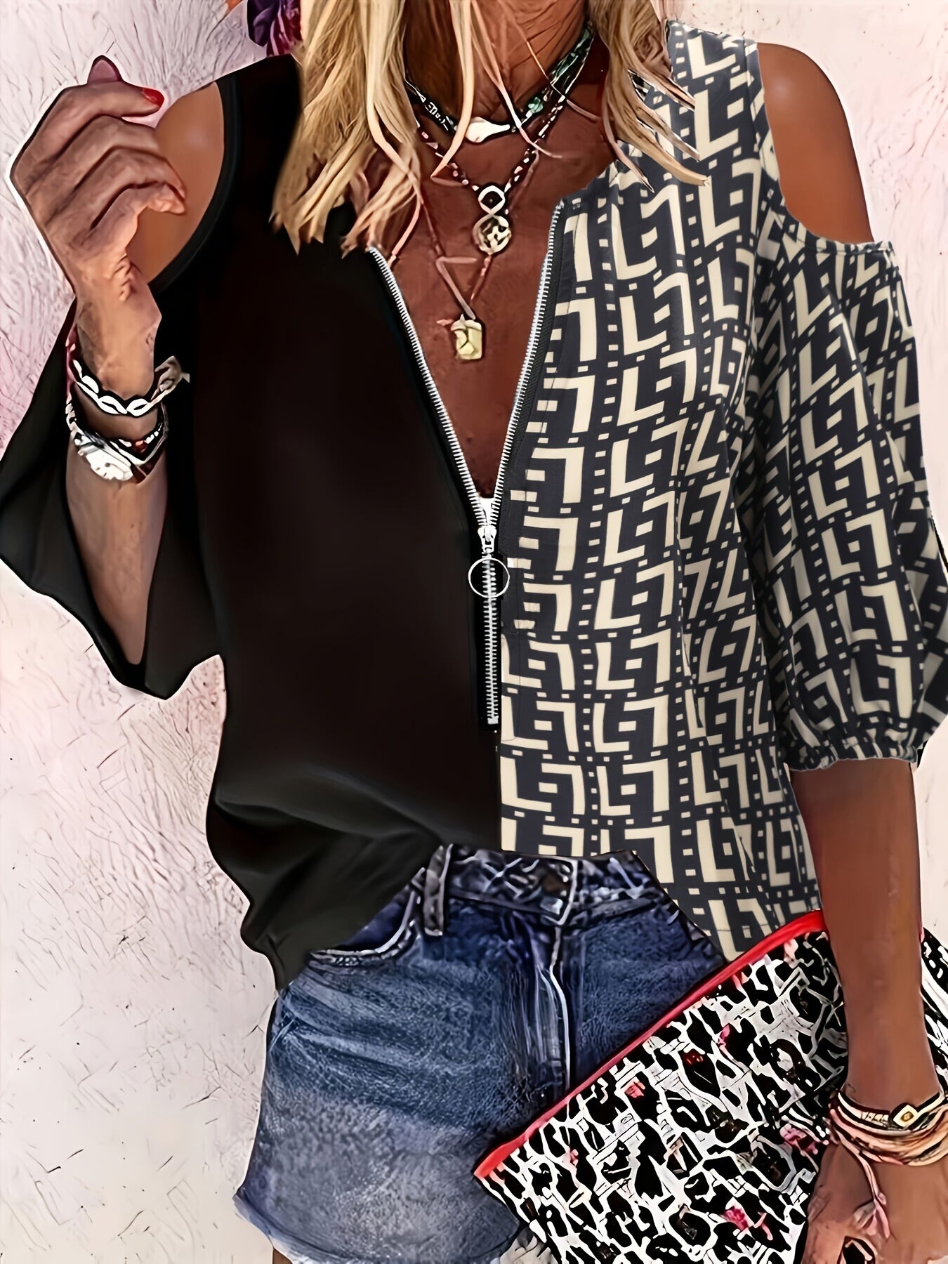 gbolsos Abstract Print Contrast Blouse, Casual Cold Shoulder Zipper Blouse, Women's Clothing