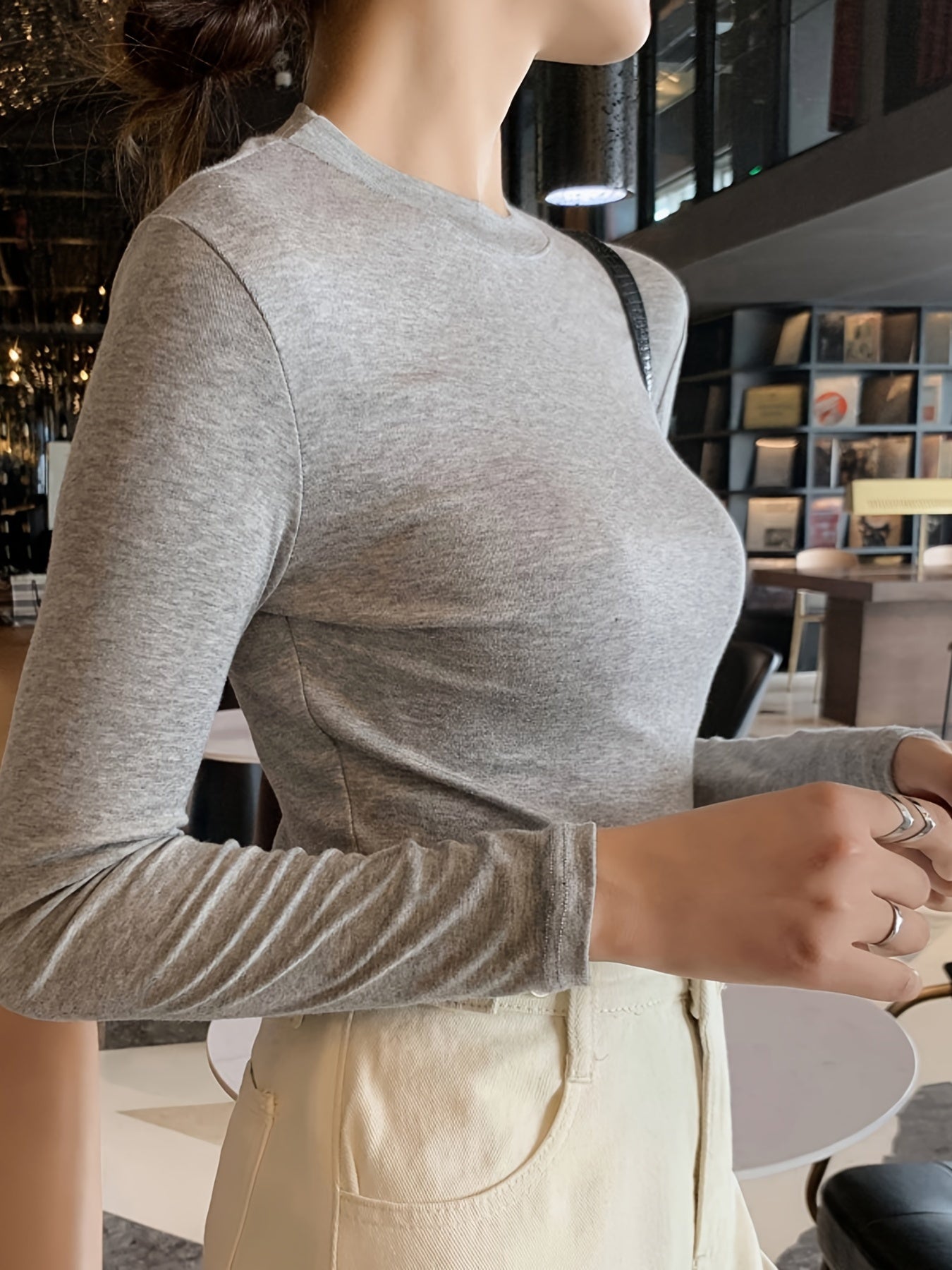 gbolsos Solid Slim T-Shirt, Crew Neck Long Sleeve Stretchy T-Shirt, Casual Every Day Tops, Women's Clothing